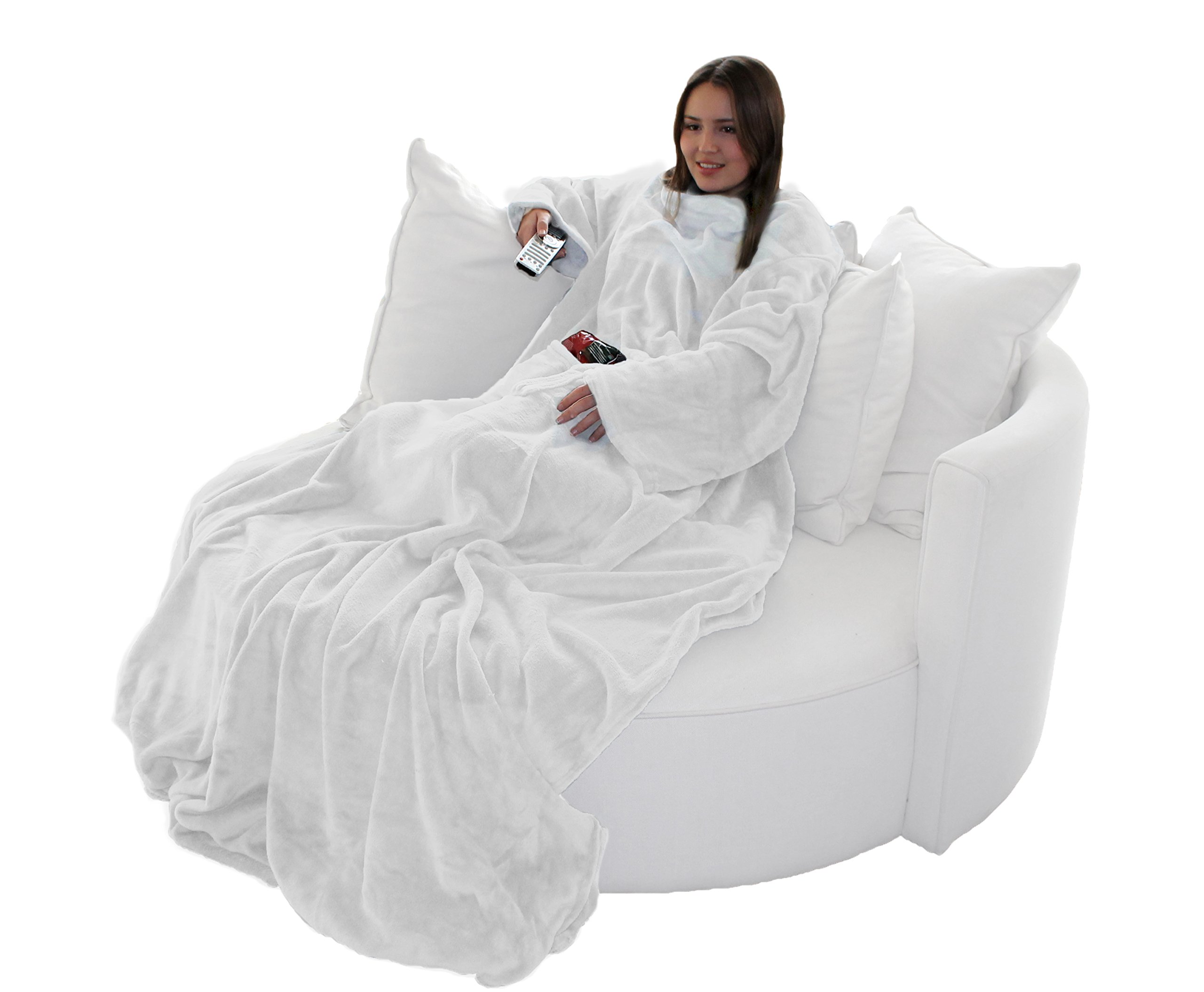 Brandsseller Fluffy TV Blanket with Sleeves in Cashmere Feel - Foot Muff and 2 Pockets - Cuddly Blanket Bedspread 150 x 180 cm White