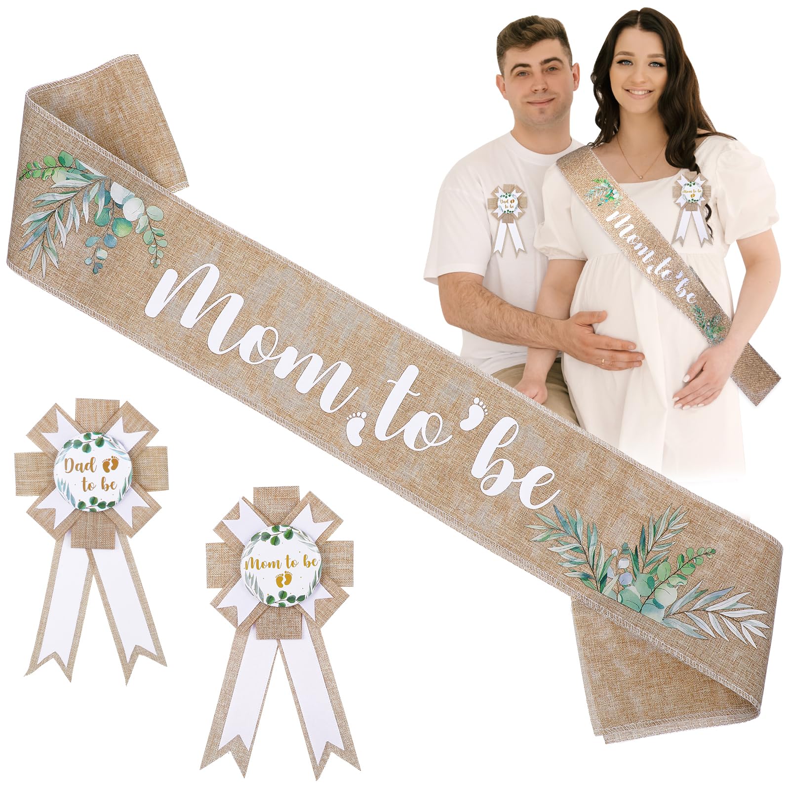 Pościel 'Mom to Be' szarfa zestaw baby shower dekoracje jutowe mama to be szarfa tata to be pin baby shower szarfa dla ciężarnej mamy prezent dekoracje imprezowe