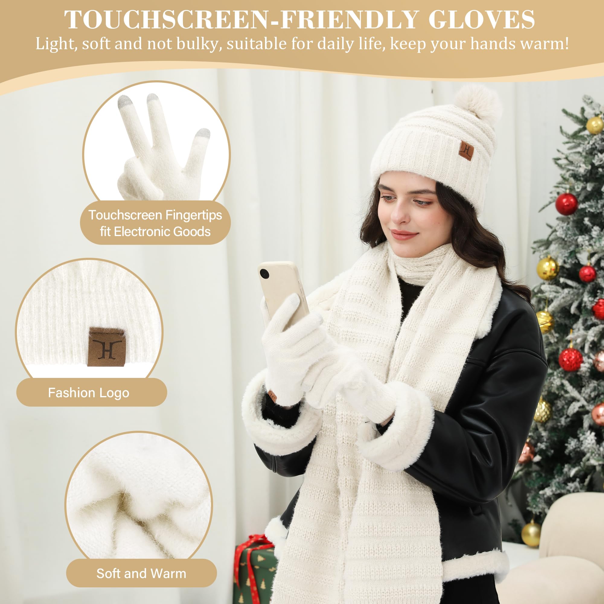 Zimowa damska czapka, szalik, rękawiczki z podszewką polarową, ciepła czapka zimowa, czapka z dzianiny, czapka beanie z pomponem, rękawiczki zimowe, długie szaliki, dla kobiet, prezent na Boże