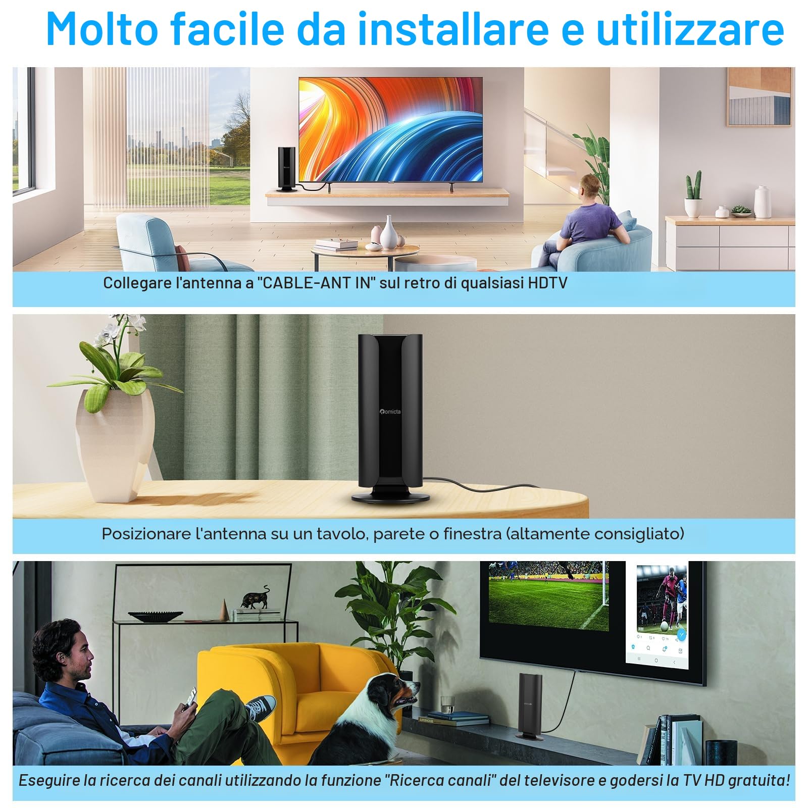 Romicta Antenna TV DVB-T2 da Interno con Amplificatore, 360° Ricezione Omnidirezionale, Supporto DVB-T/DVB-T2/DAB/DAB+, Cavo Coassiale 5m, Per Tutti i Televisori