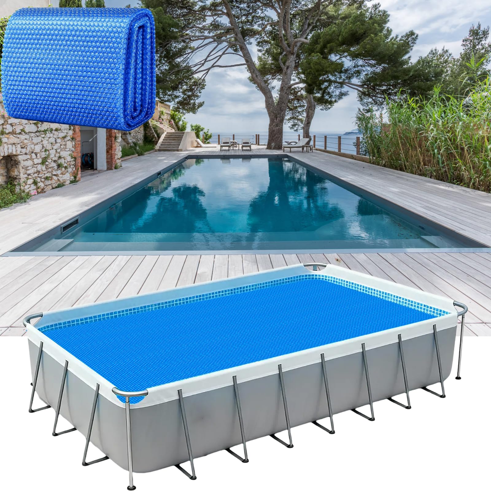 Cubierta Solar para Piscina 520 x 530 cm Cobertor Solar para Piscina Espesor 400 µm | Rollo Recortable | Mantiene Temperatura y Calienta Agua Ahorro Energía, Azul