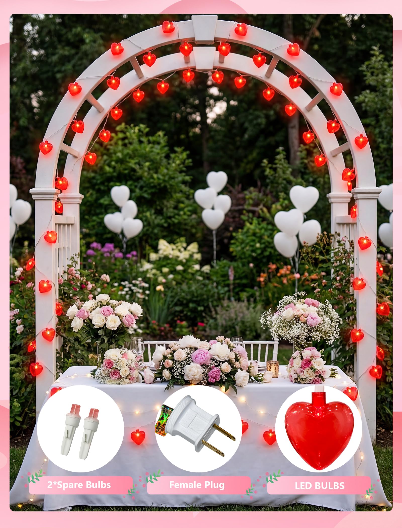Stringa di luci a forma di cuore per San Valentino, decorazioni per San Valentino, con 10 luci rosse a forma di cuore, collegabili, per San Valentino, feste, matrimoni, decorazioni per vacanze