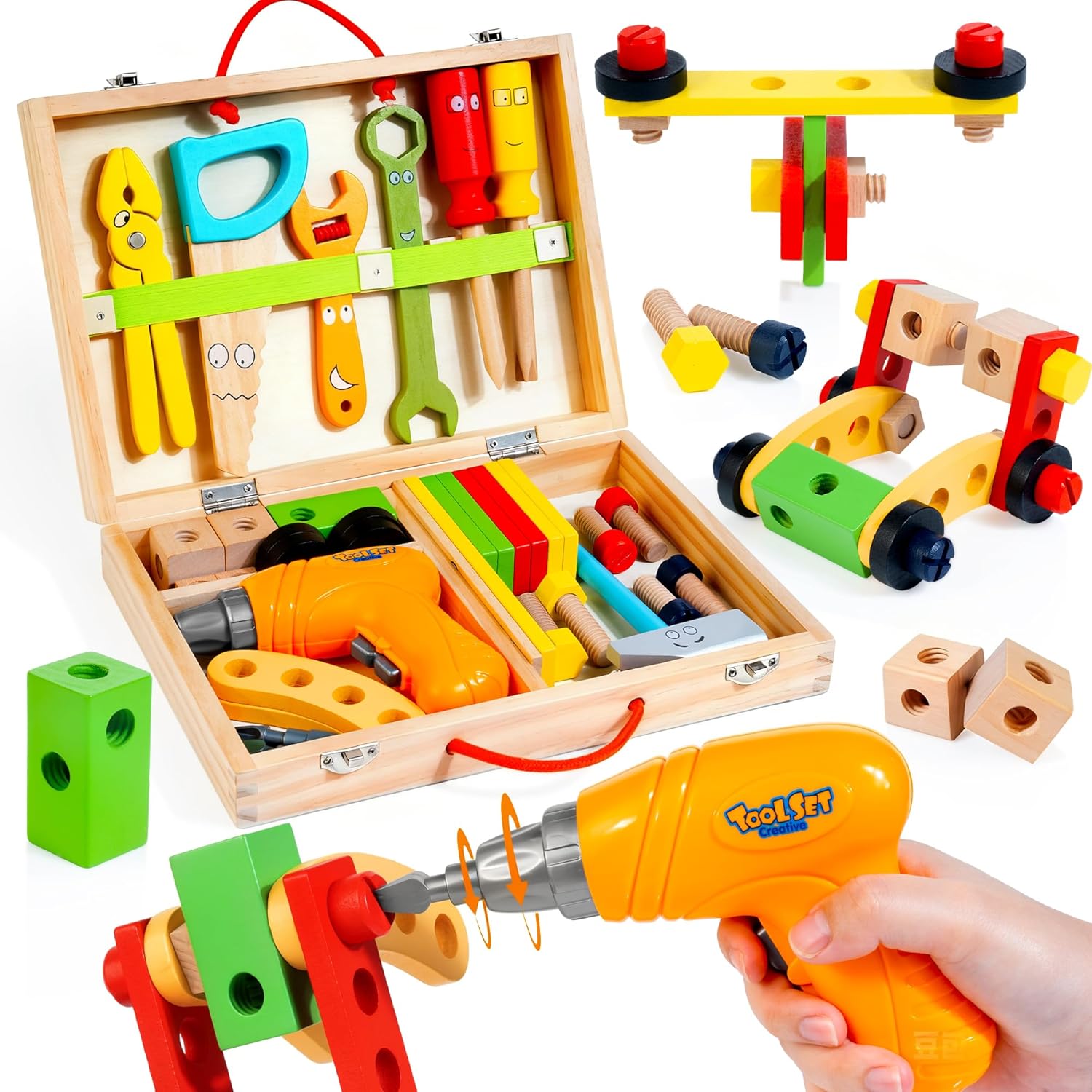 KIDWILL Kids Tool Set with Electric Drill & DIY Stickers, Toddler Tool Set for Kids Ages 3-5 Year Old Boys Girls, Pretend Play STEM Montessori Educational Construction Toys Drill tool box