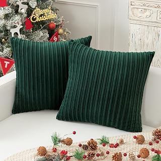 Kevin Textile Striped Corduroy 24”x24” Pillow Covers 2 Pack, Dark Green