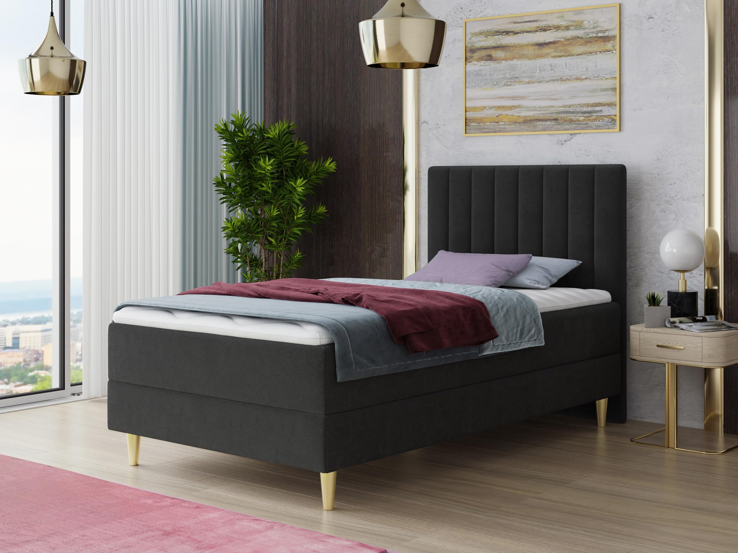Boxspringbett Gold Mini mit Bettkasten, Bonell-Matratze und Topper - Einzelbett mit Matratzentopper, Polsterbett, Bett, Schlafzimmer, Jugendzimmer, Velours Stoff (Schwarz (Manila 18), 120 x 200 cm)