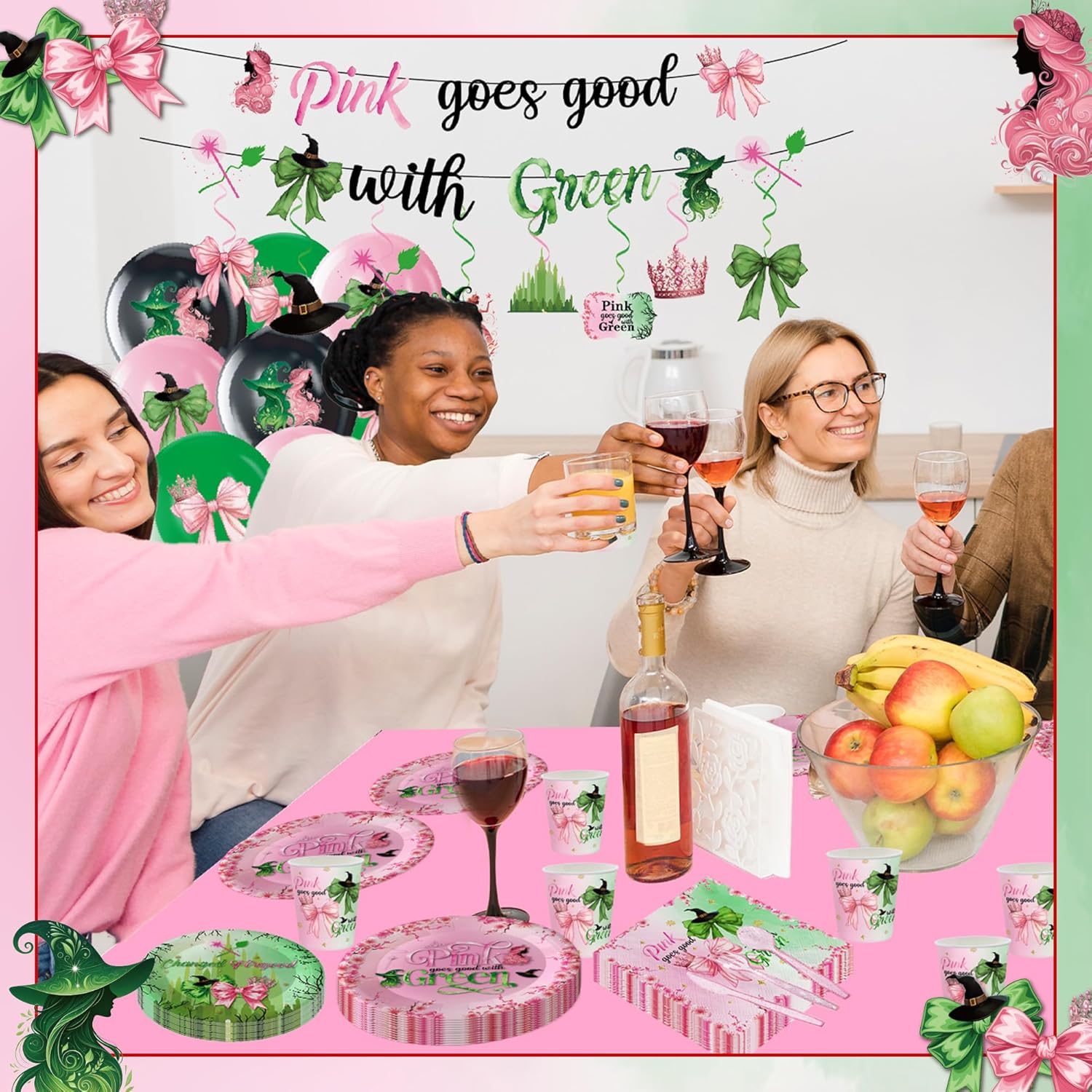 194Pcs Pink and Green Witch Party Decorations Tableware Set Include Pink Plates Green Plates Napkins and Tablecloth for Magical Themed Party Supplies - Image 6
