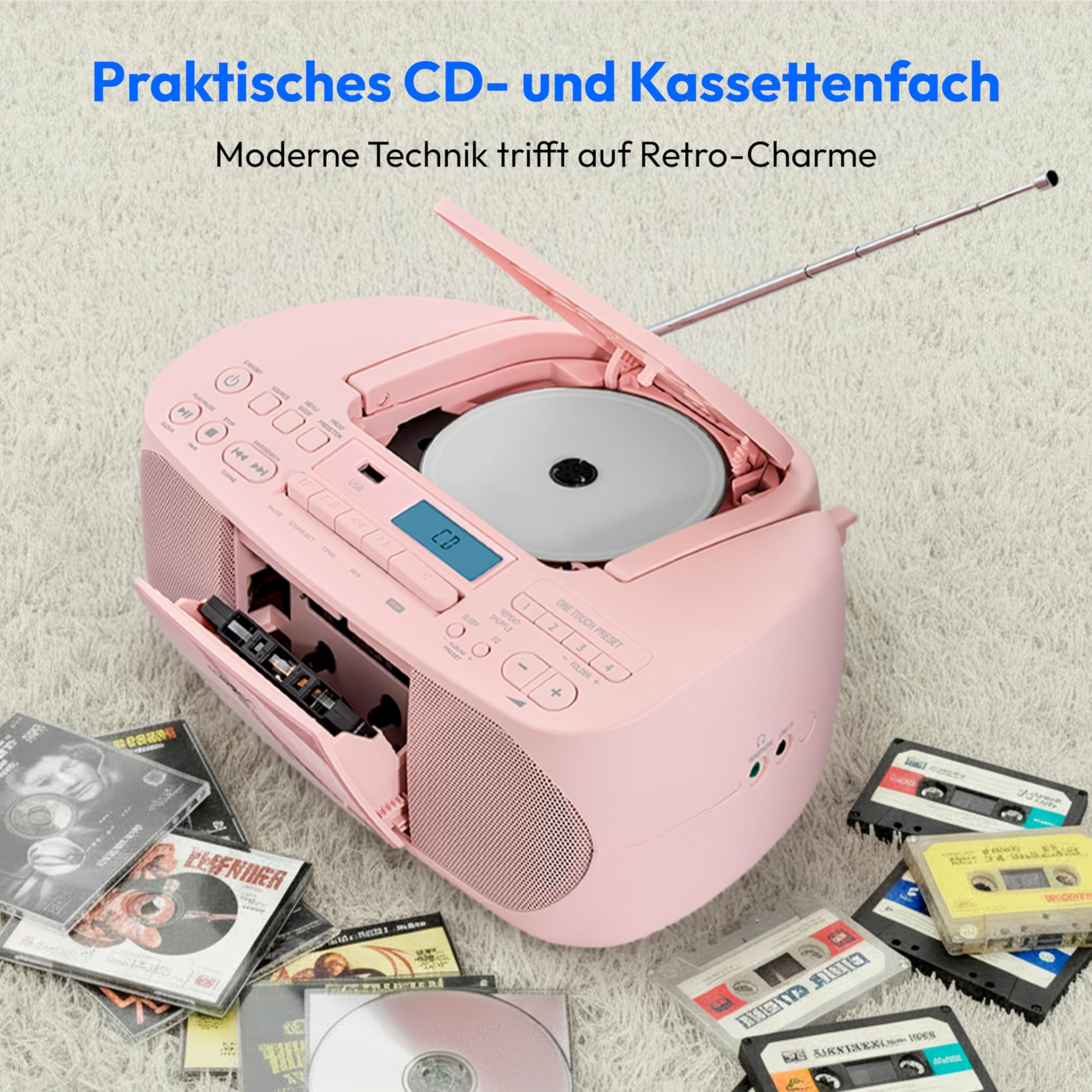 MEDION DRX-1 Plus Boombox (przenośne radio DAB+ FM, Bluetooth, odtwarzacz CD, MP3, kaseta, gniazdo słuchawkowe, system stereo Sound, AUX, sieć i bateria) różowy