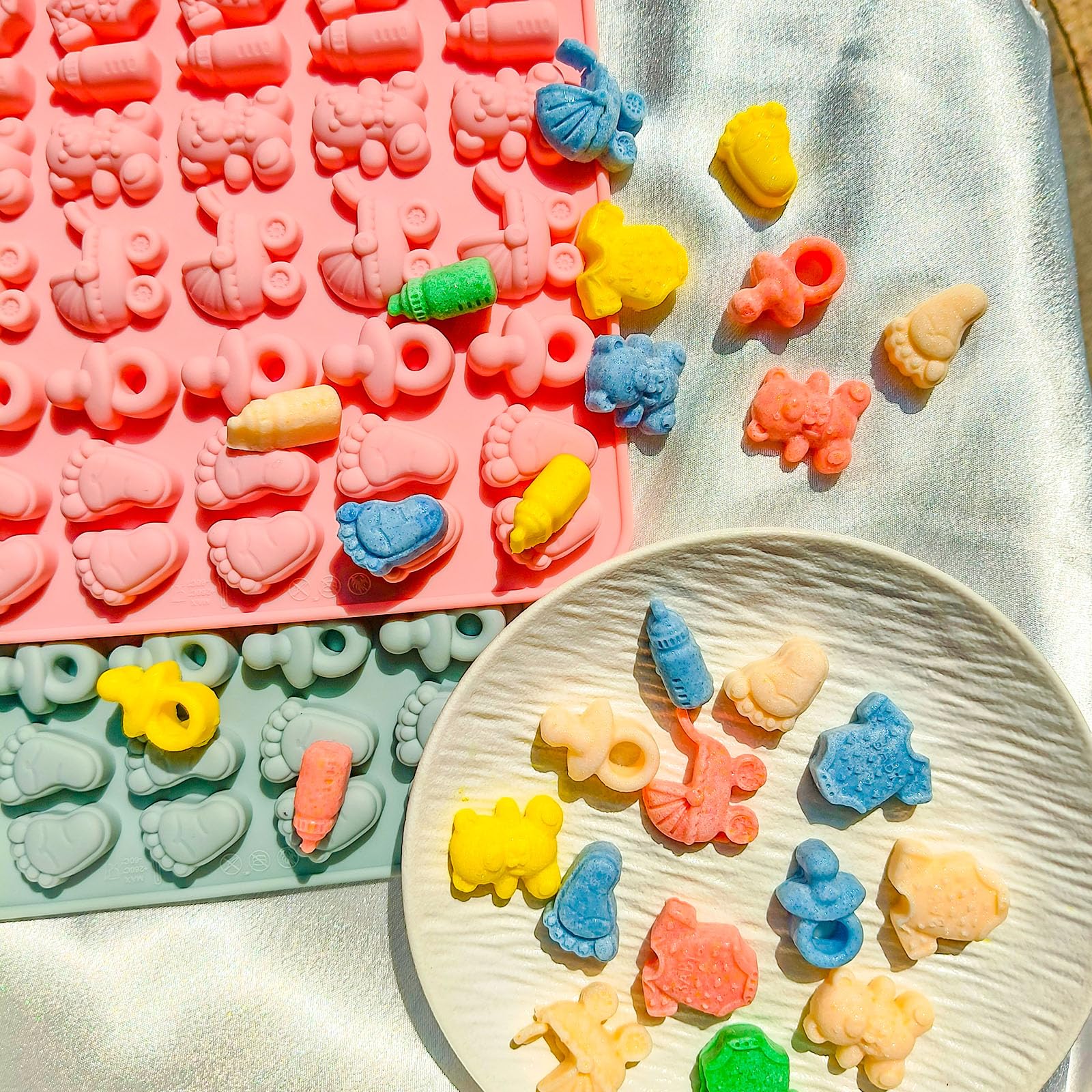 2 moldes para baby shower, chupete de biberón para bebé, bebé, baby shower, molde de chocolate para chocolate, caramelo, galletas, gelatina, cubitos de hielo, gomitas, baby shower, fiesta, magdalenas
