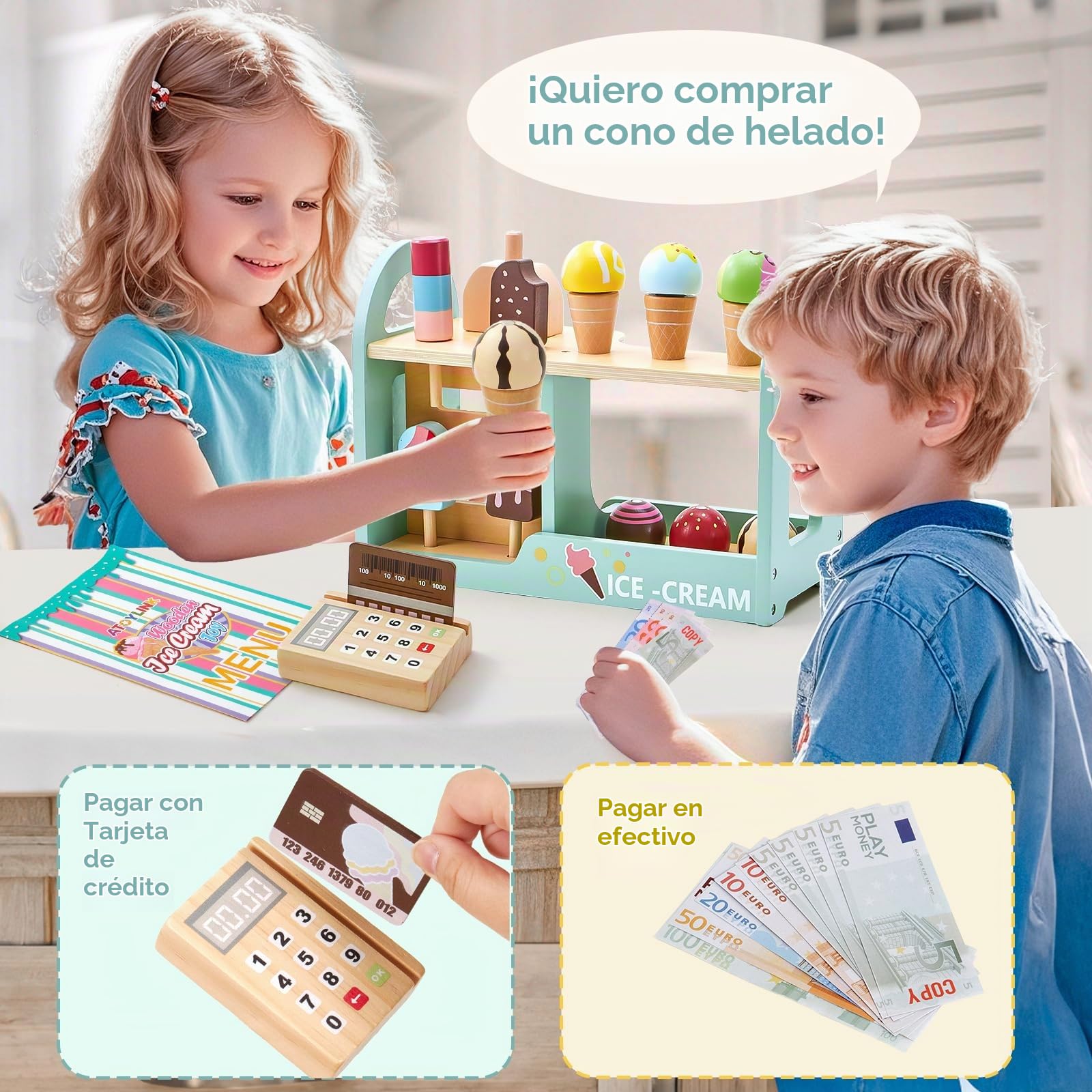 Heladeria Juguete, Cocina Juguete, Comiditas de Juguete, Juguetes Montessori de Madera Juego Educativo de Matemáticas y Lógica, Regalo para Niños Niñas 3 4 5 6 Anos
