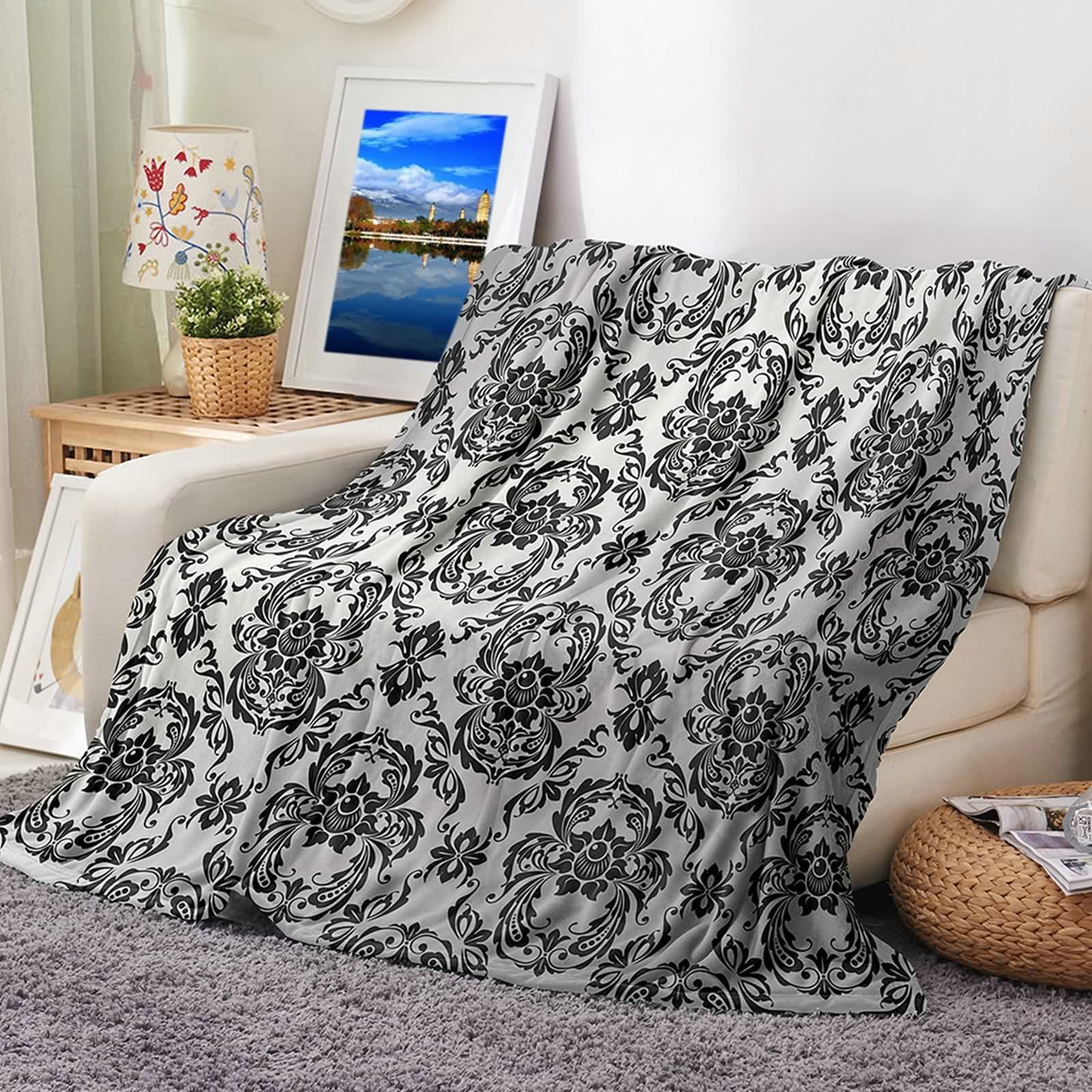 Aeici Koc polarowy, koc dziecięcy z nadrukiem 160 x 200 cm wzór kwiatowy vintage koc na sofę zimowy prezent dla dorosłych i dzieci