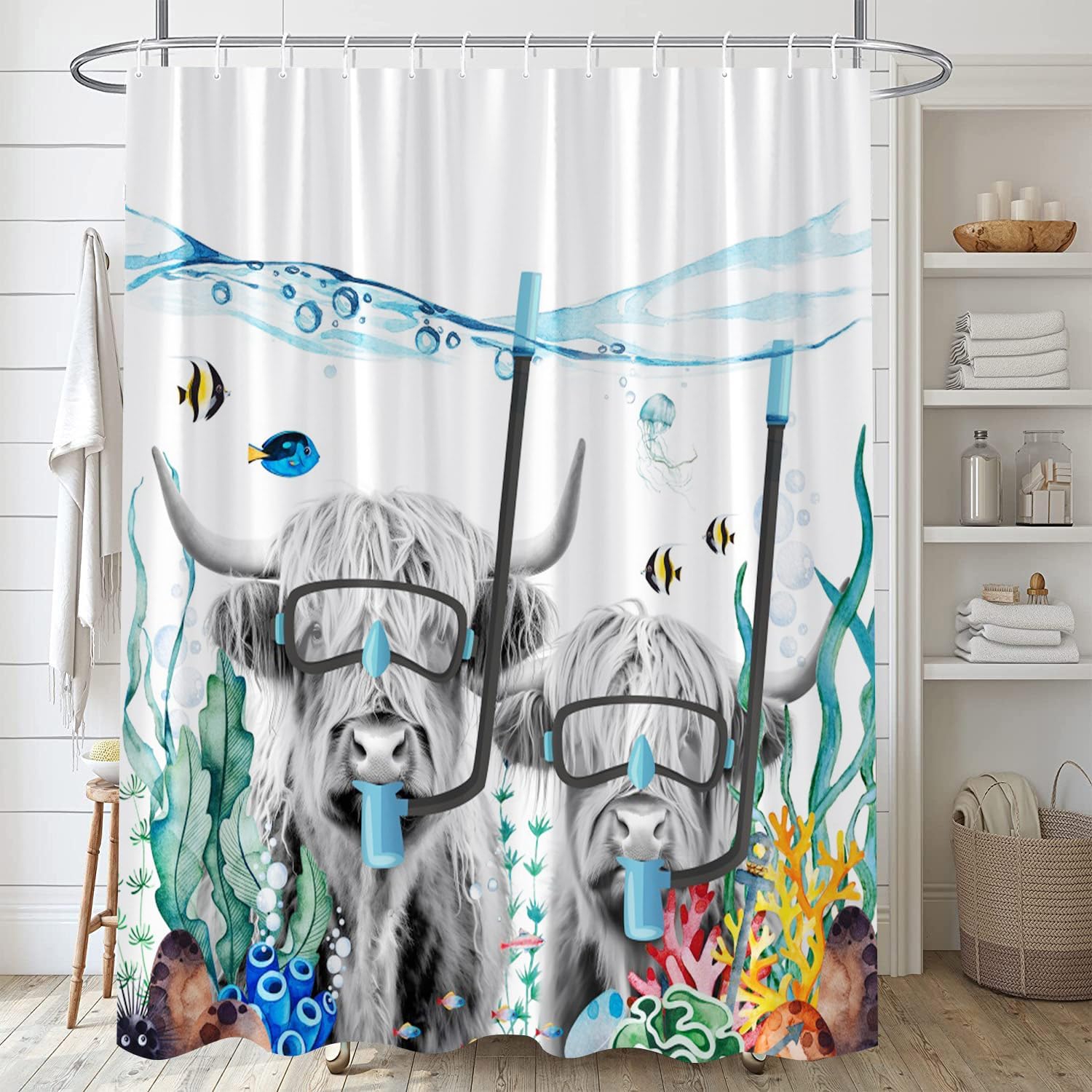 Highland Cow Shower Curtain for Bathroom Funny Farmhouse Gray Animals Swim Underwater Ocean Coral Coastal Tropical Fish Nautical Bathroom Decor Curtain with Hooks 90Wx70H