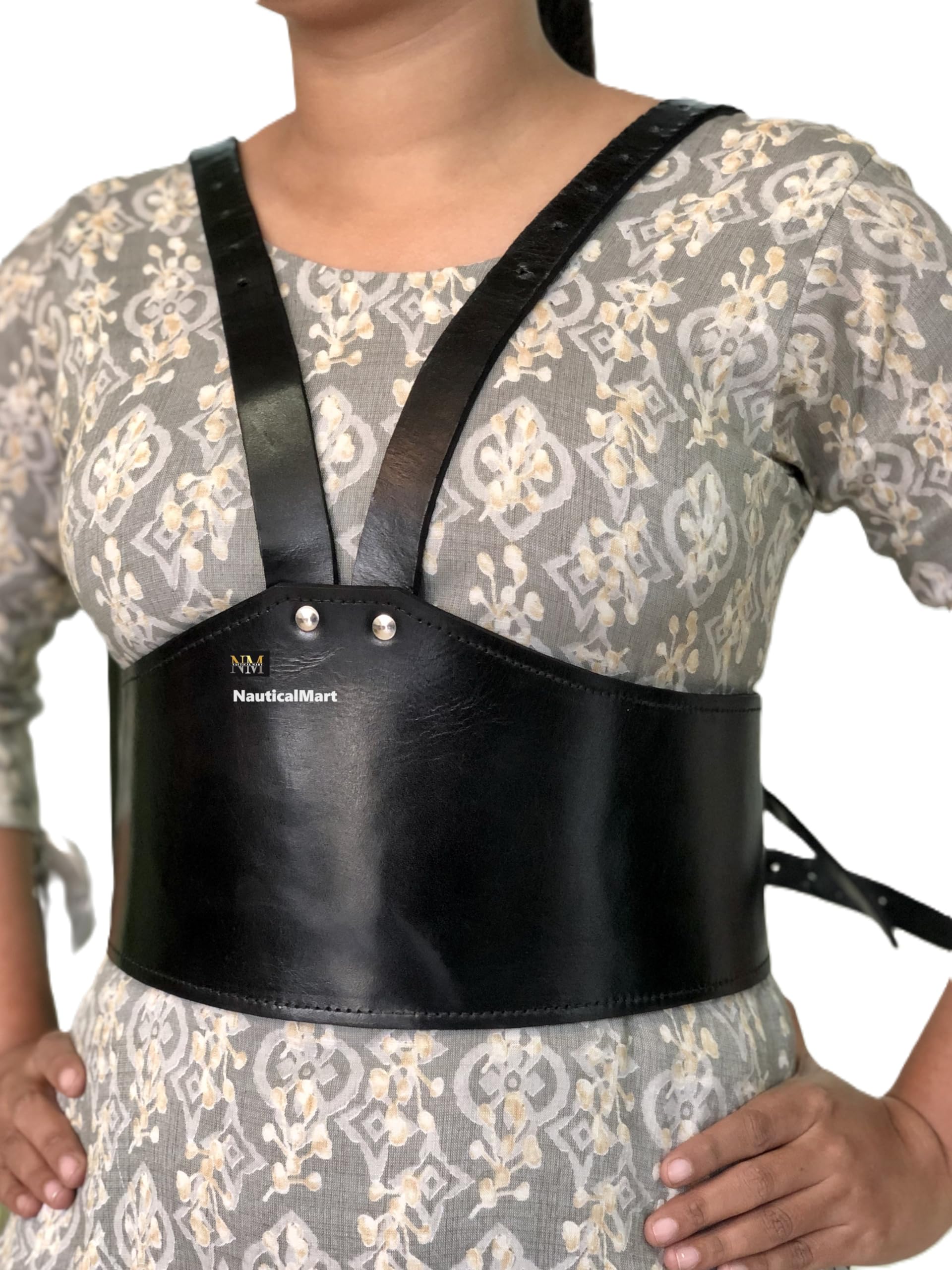 NauticalMart Black Leather V-neck Under-bust Corset Plain wide leather Corset belt