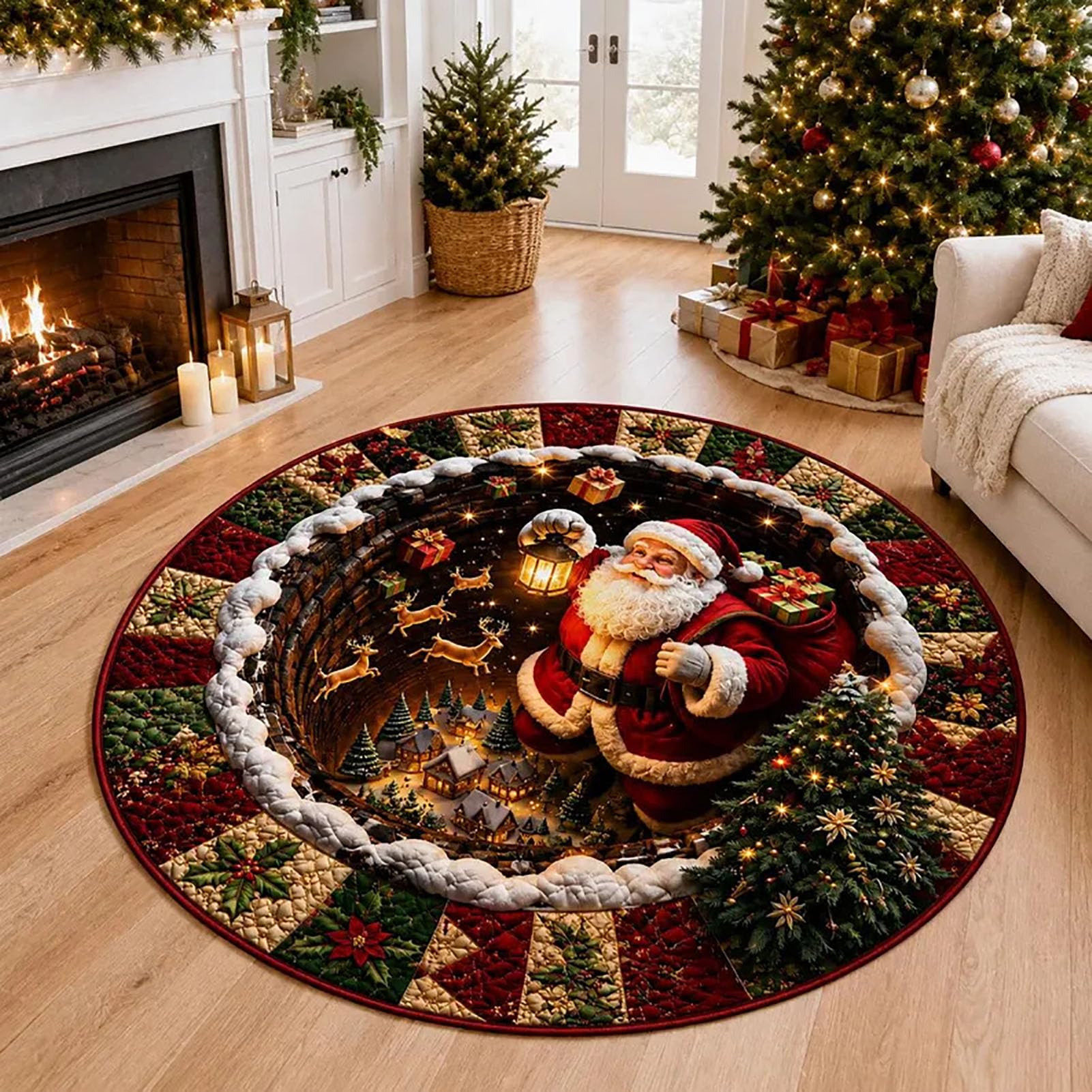 Tapis Illusion D'optique 3D, Tapis Rond avec Motif père noël,1,160cm