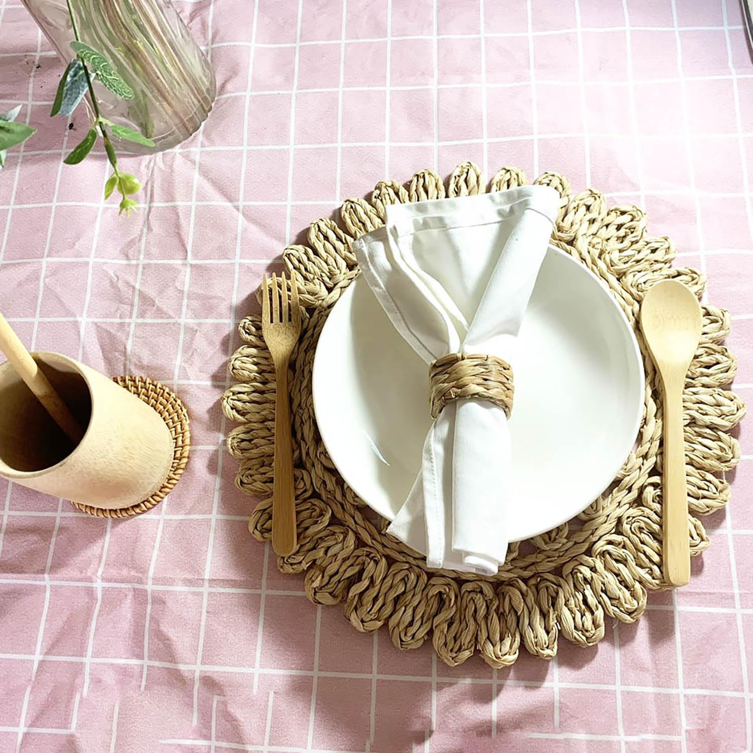 Laquedecraft Set di 12 portatovaglioli in giacinto d'acqua intrecciato, rustico, bohémien, portatovaglioli in vimini naturale, per tavolo da pranzo, feste