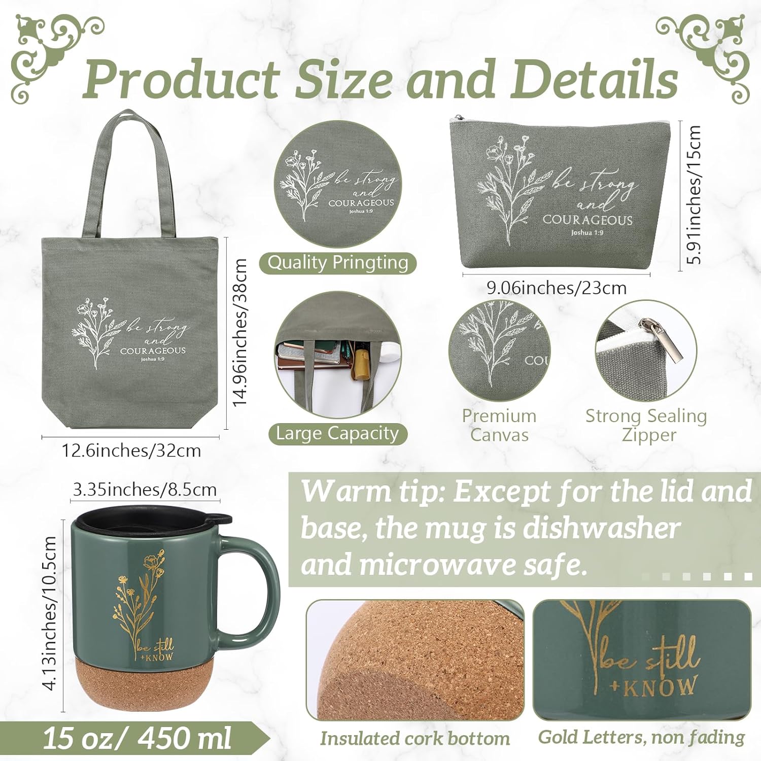 Nuogo 7 Pcs Mother's Day Christian Gifts for Women Graduation Aesthetic Coffee Mug Religious Makeup Bag A6 Leather Journal Pens for Pastor Wife Church Sunday School Teacher Godmother(Green)
