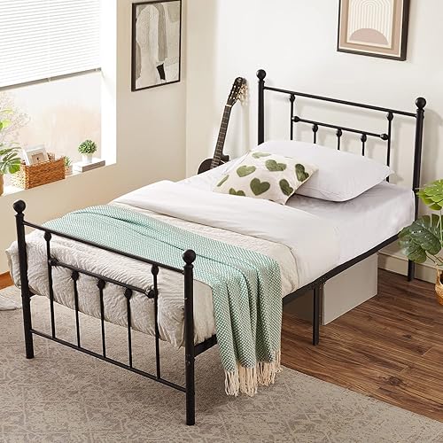 VECELO Base de cama de plataforma de metal resistente de tamaño individual con cabecera y estrio soporte de listones de acero resistente no necesita