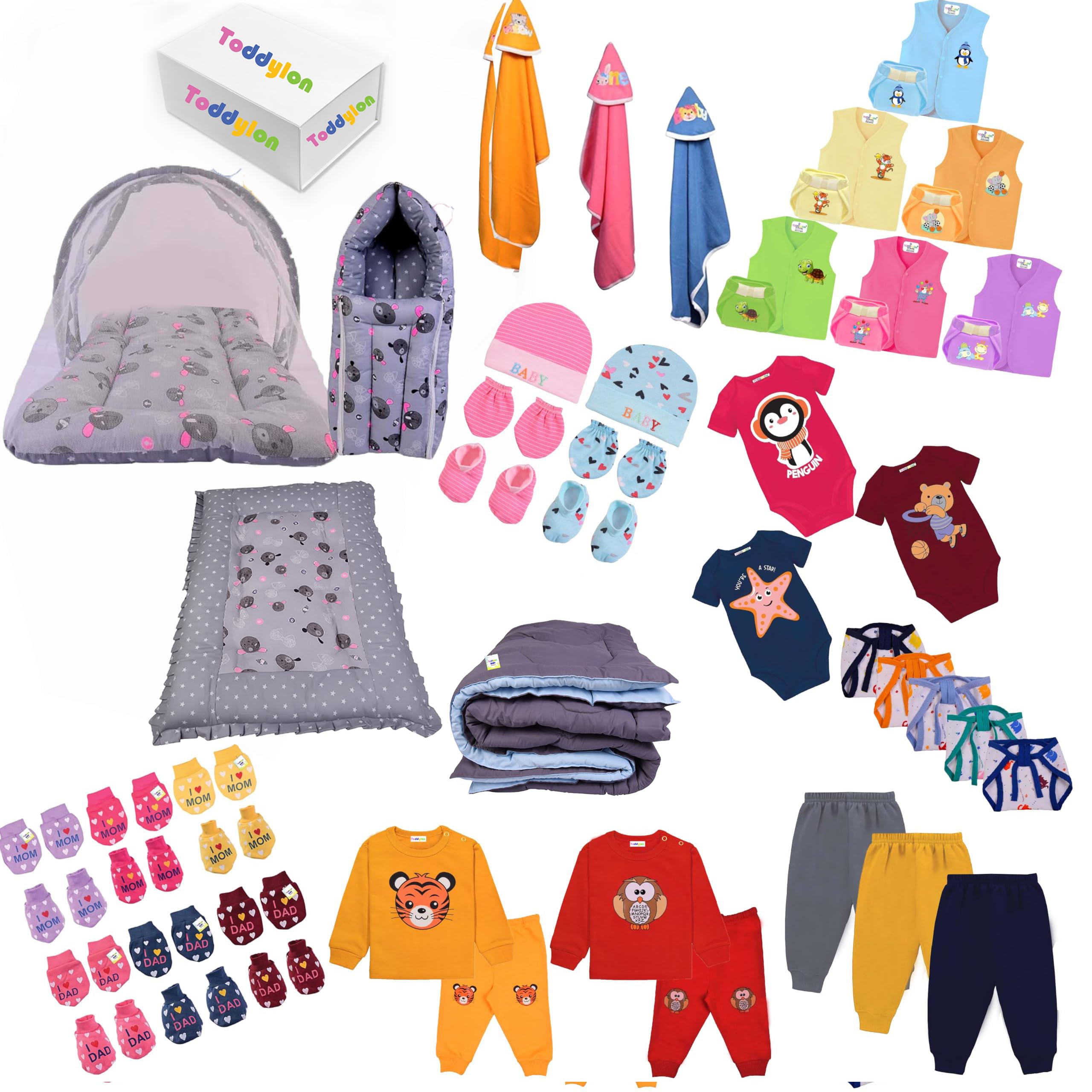 Toddylon 56 in 1 Newborn Baby Products All Cotton Gift Packs Essential Items Combo | Baby Bed | Clothing Set | Baby Grooming | Infants Kit (0-6 Months) Grey-image-41