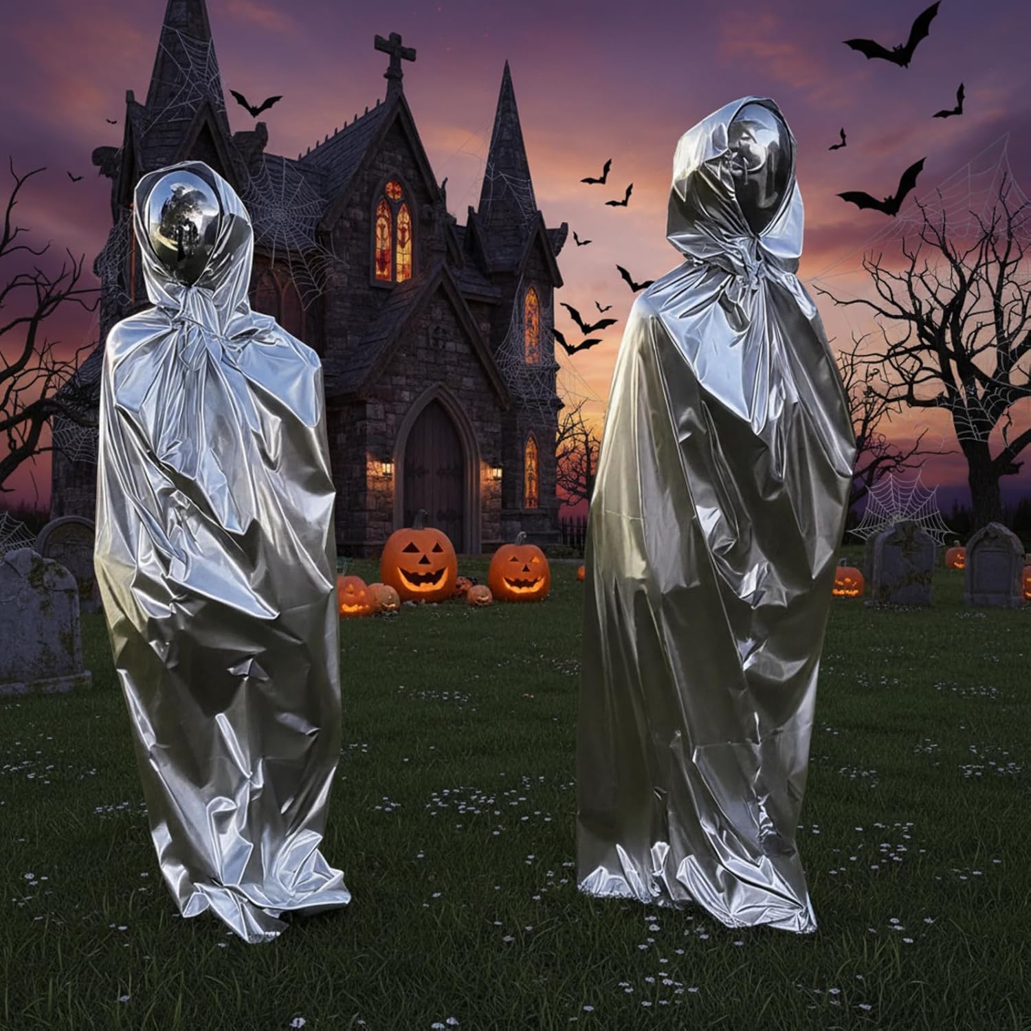2 Pcs Silver Faceless Aliens Halloween Outdoor Decorations Full Body Giant Alien Halloween Party Decorations for Holiday Outdoor Patio Yard Lawn Walkway Decor