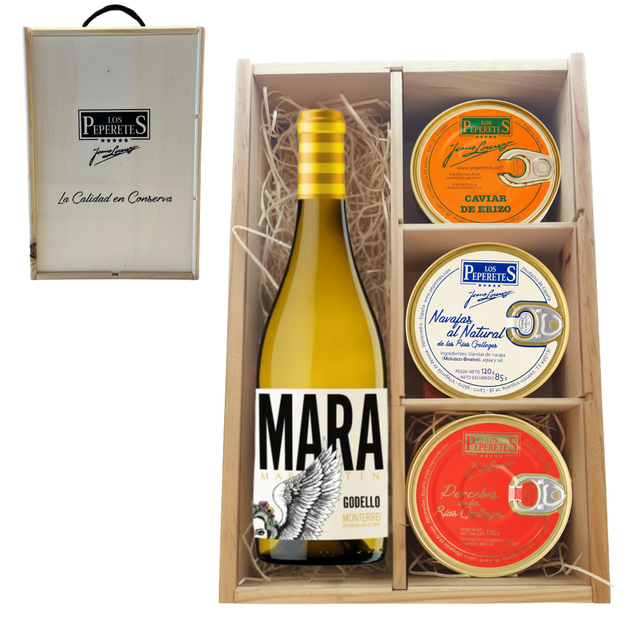 LOS PEPERETES Pack Deluxe Marisco Gallego con Vino Godello | Caviar de Erizo ×2 · Navajas al Natural ×2 · Percebes ×2 | Lote Exclusivo Gourmet