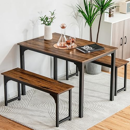 NAFORT Juego de mesa de comedor para 4, mesa de cocina de 3 piezas con 2 bancos, mesa de comedor de 43.5 pulgadas que ahorra espacio con marco de