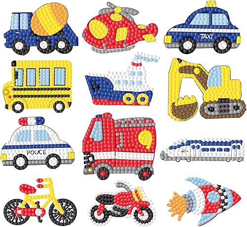 5D Diamond Painting Kinder Set, 12 Stück Auto Cartoon Sticker, Mosaik Aufkleber,