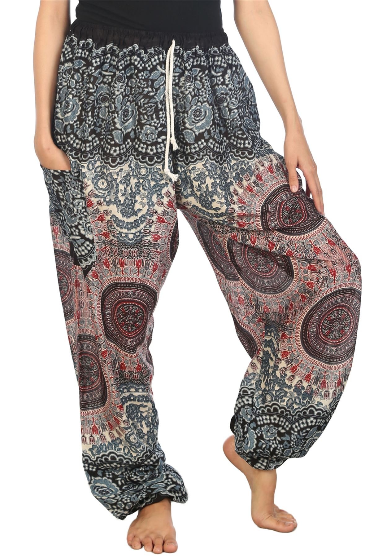 Lofbaz Women's Rose 2 Drawstring Harem Genie Boho Pants White 3XL
