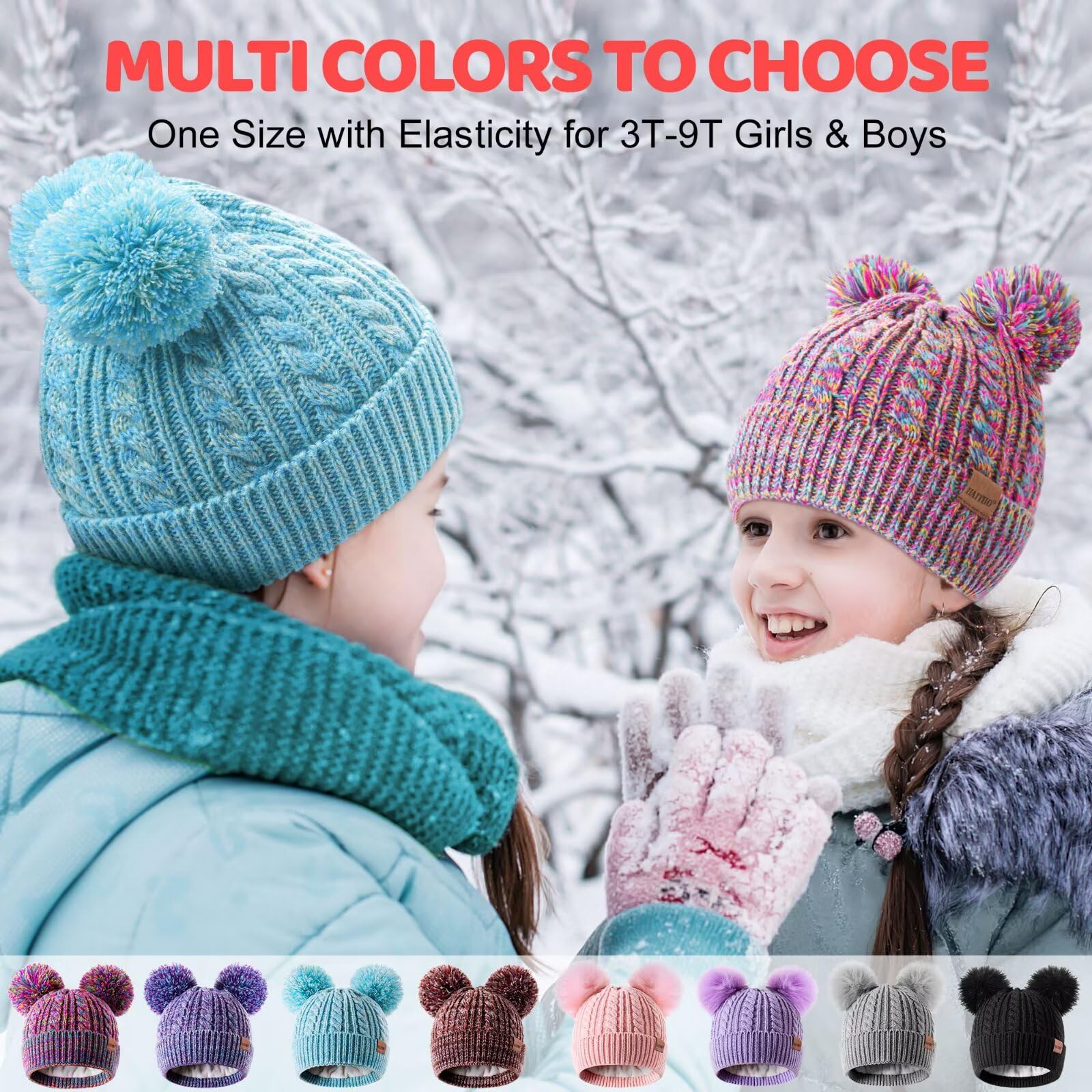 Gorro de invierno para niños pequeños, gorro con doble pompón y forro polar cálido, accesorios para niñas, gorro de punto