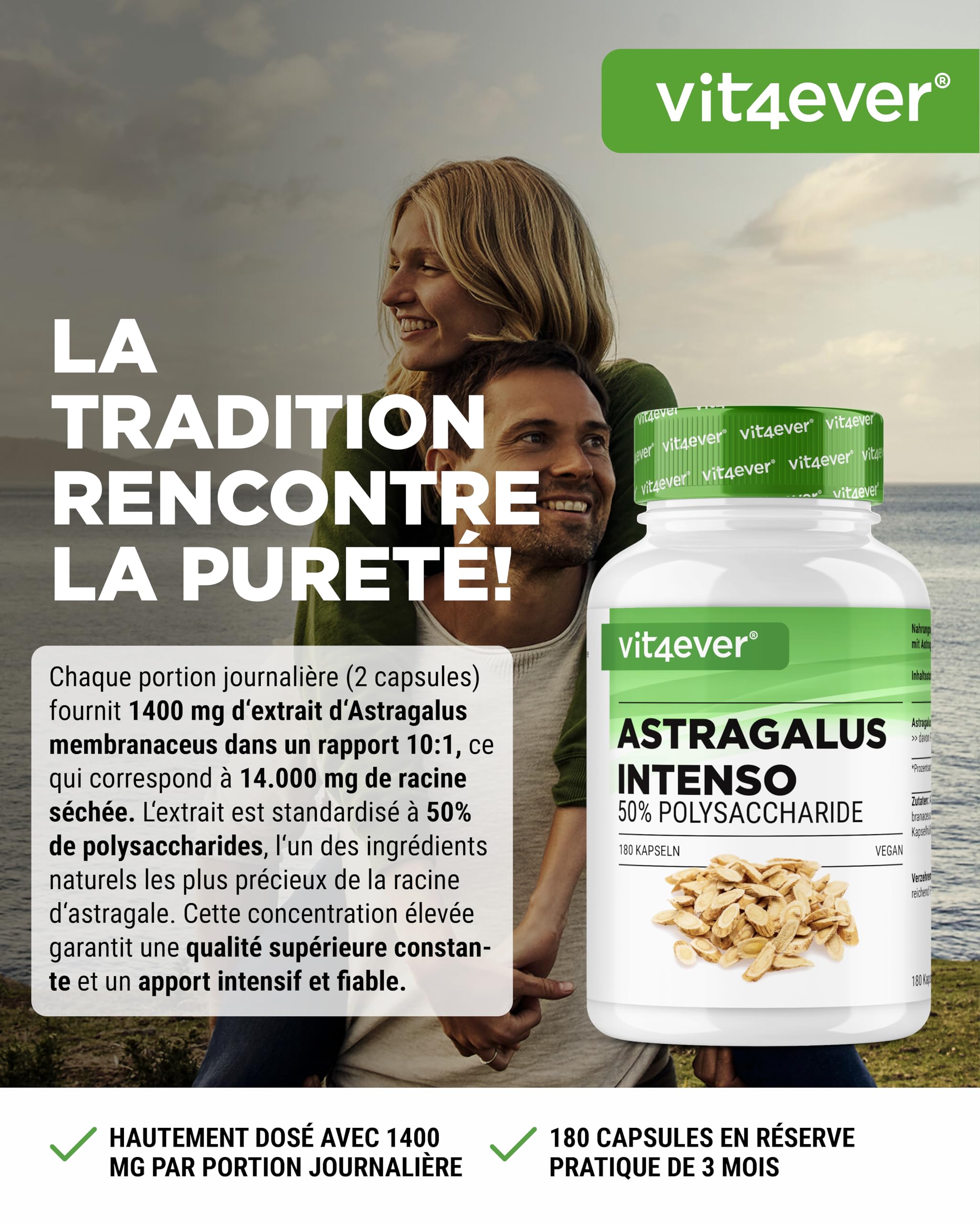 vit4ever Astragalus - Hautement Dosé avec 1400 mg d'Extrait pur par Jour - 180 capsules - Premium : 50% Polysaccharides - Extrait pur de Gomme Adragante - Sans Additifs Indésirables - Vegan