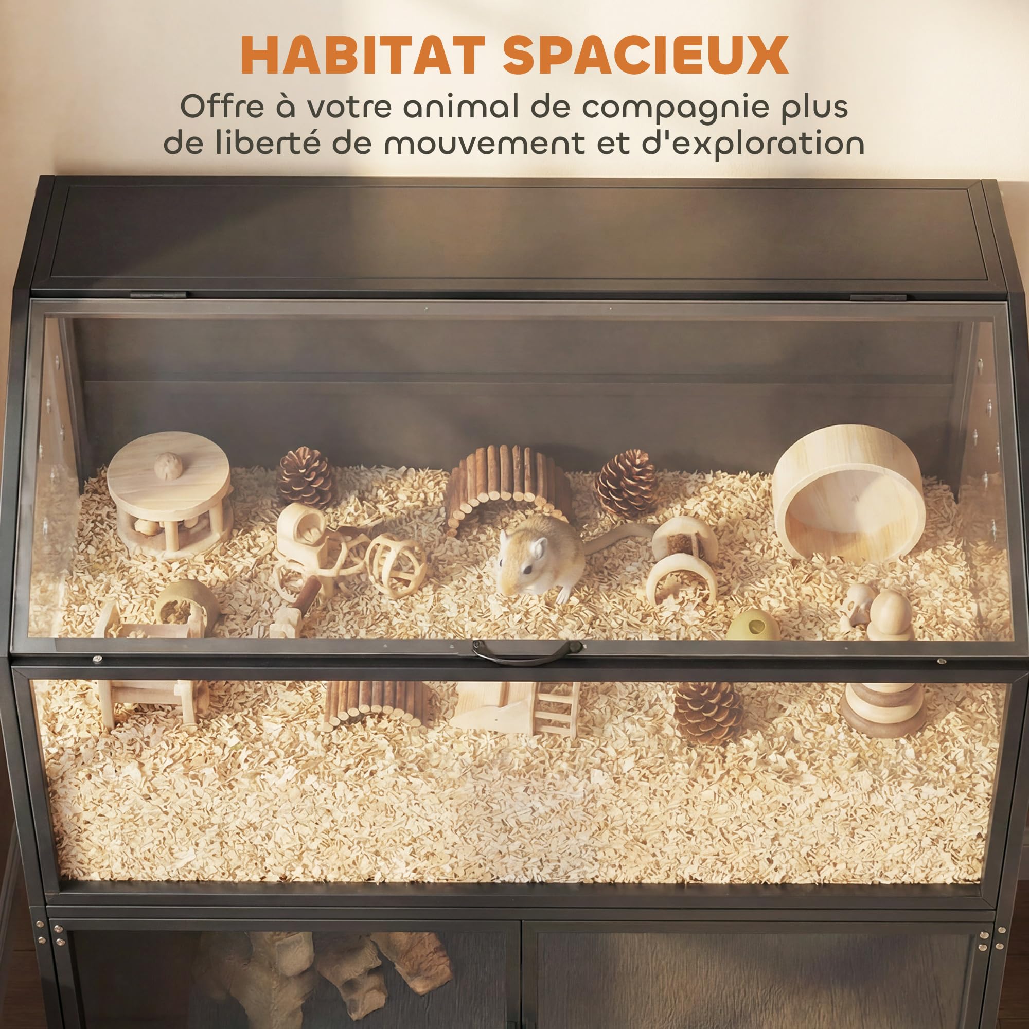 PawHut - Jaula de hámster 2 en 1 con armario de almacenamiento de habitaciones, 104 cm, color negro | Para roedor, acero resistente a las picaduras, acrílico transparente, diseño de jaula grande, para hámster sirio y ratón