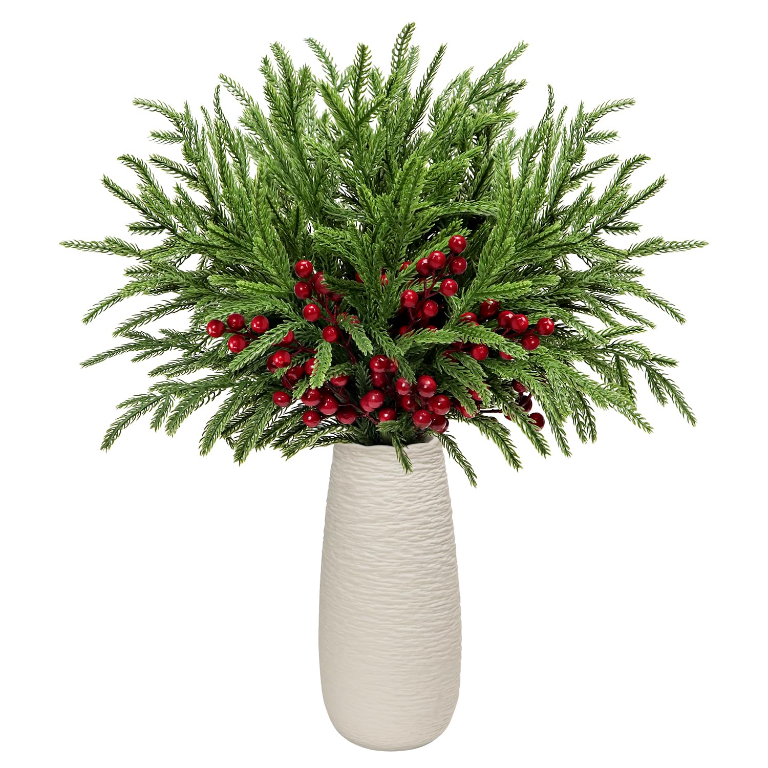 Norfolk Tannenzweige, rote Beerenstiele, 43,2 cm, künstliche Weihnachtsgrünspieße, künstliche Tannennadeln mit Stechpalmenbeeren für Weihnachtsbaumfüller, Dekorationen, Festival, Urlaub, Vase,