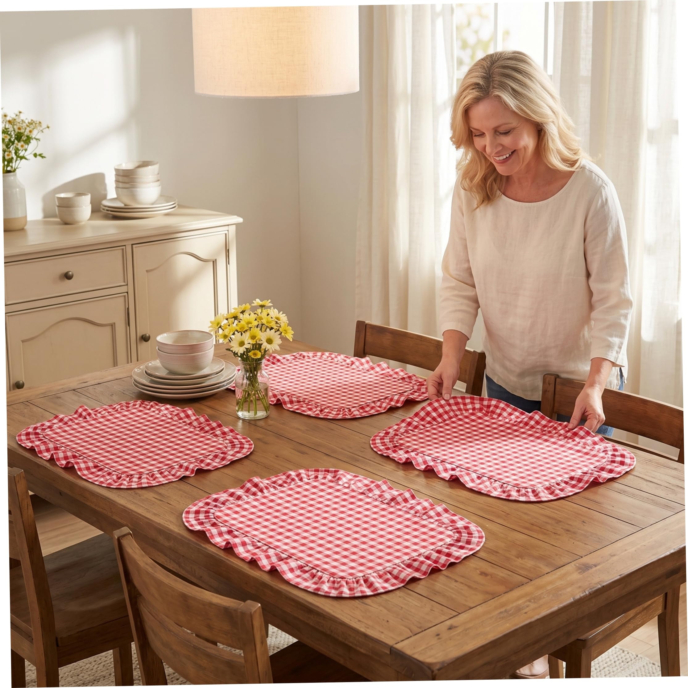 Set Of 4 Scalloped Gingham Placemats, 13.78x17.72 Inch Scalloped Placemats, Cotton Ruffle Edge Table Mats, Red Plaid, Party Decors