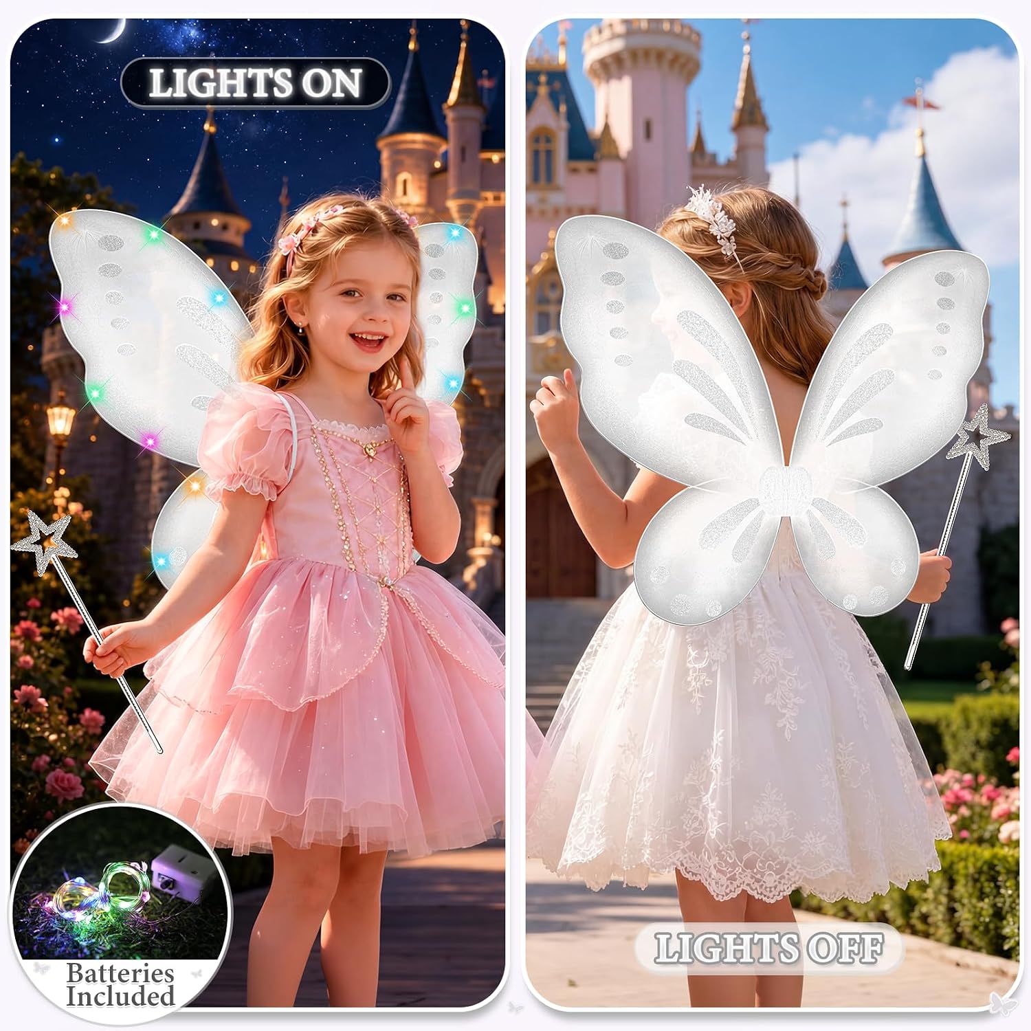 Vcertcpl Girls Fairy Wings Butterfly Wings Light up, LED Butterfly Wings Costume Star Wand for Girls Women Halloween Dress Up