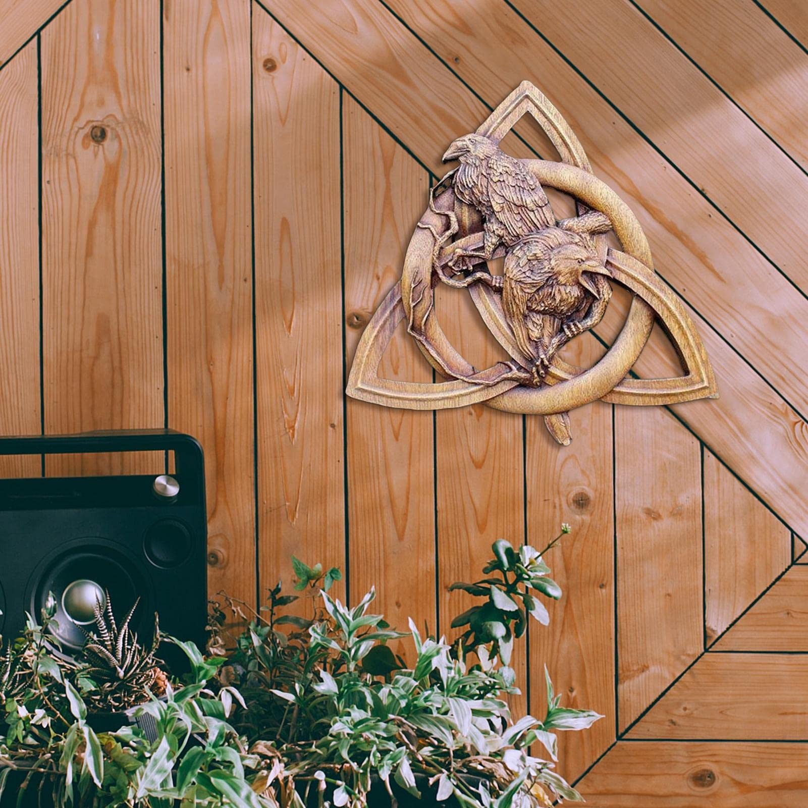 Statue De Rune Décorative Murale En Bois Avec Corbeau Sur Le Nœud
