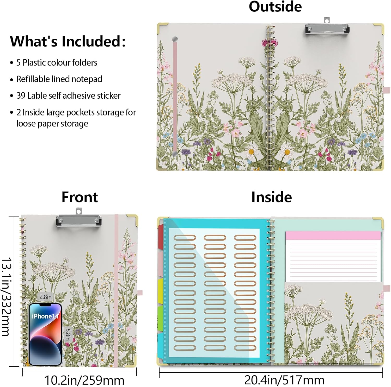 Clipboard Folio with Storage Clipboards Padfolio Notebook for Letter Size (11" x 8.5"), Clipboards with 10 Pockets and 5 Folders Nursing Teacher School Essentials (Garden Flowers)