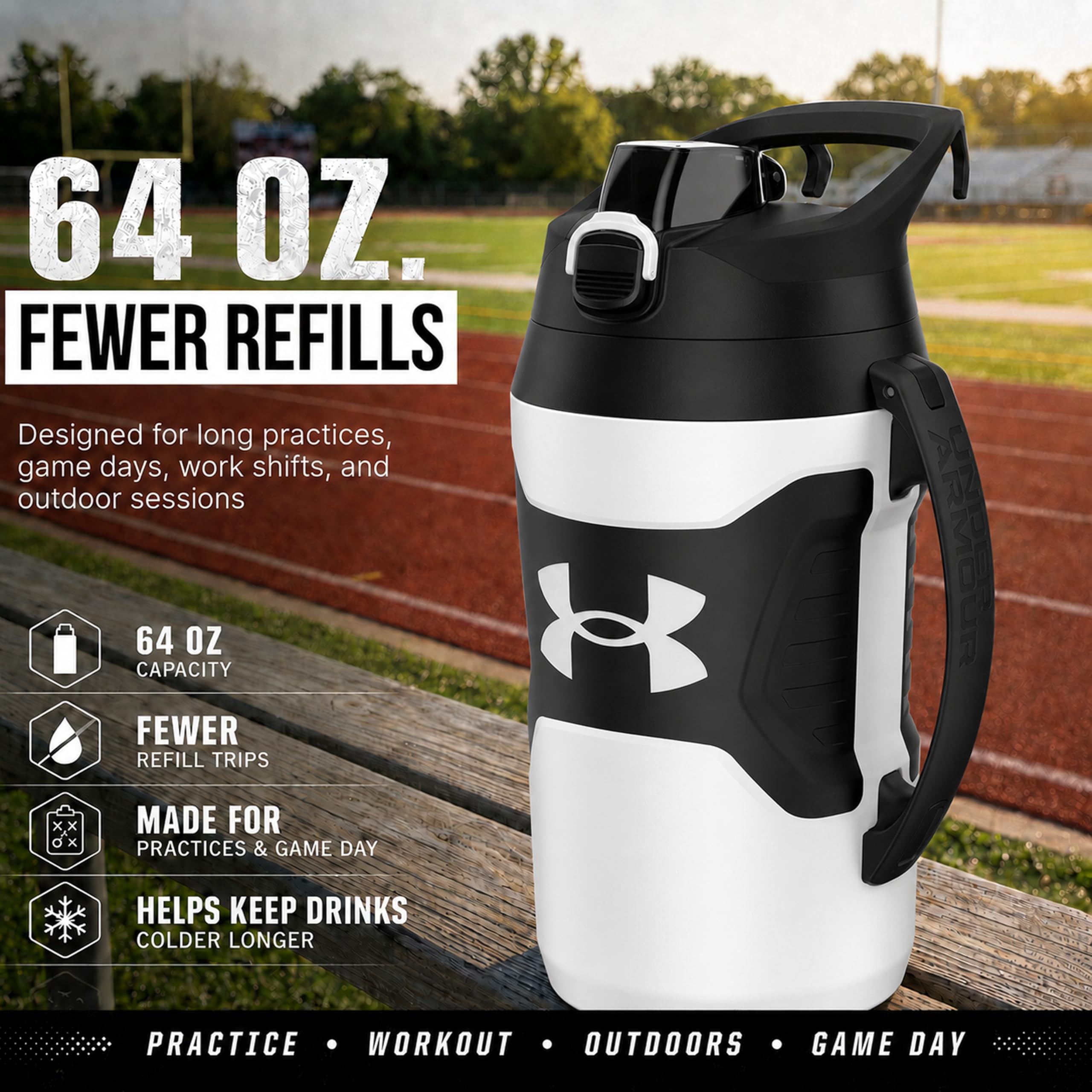Under Armour Botella de agua aislada de 64 onzas con asa, con aislamiento de espuma y resistente a fugas, jarra de agua deportiva, gancho para cerca, apta para lavavajillas, color negro y gris claro,