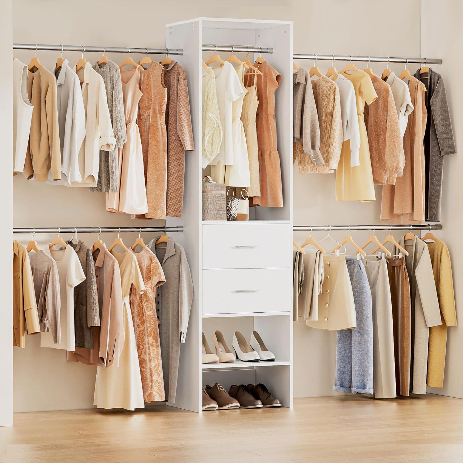 Closet System with Drawer, 5-8FT Closet Organizers System with 5 Adjustable Hanging Rods and Shoe Rack, Heavy Duty Walk in Closet Organizers and Storage with Drawers, White