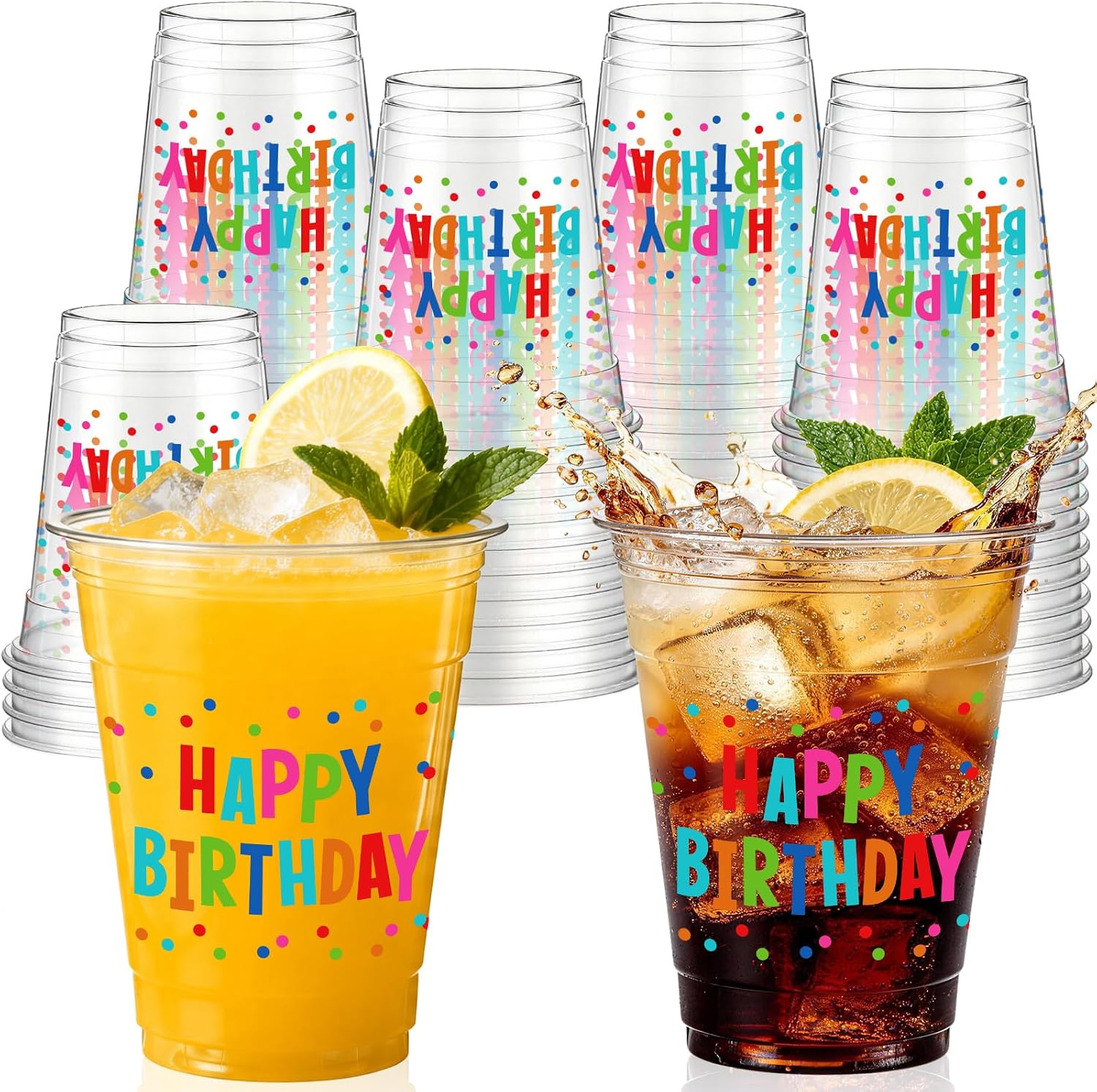 50 PCS Dots Design Happy Birthday Plastic Cups,12 OZ Clear Disposable Cold Hot Drinking Cups Beverage Water Container Colorful Dots Themed Events Party Supplies