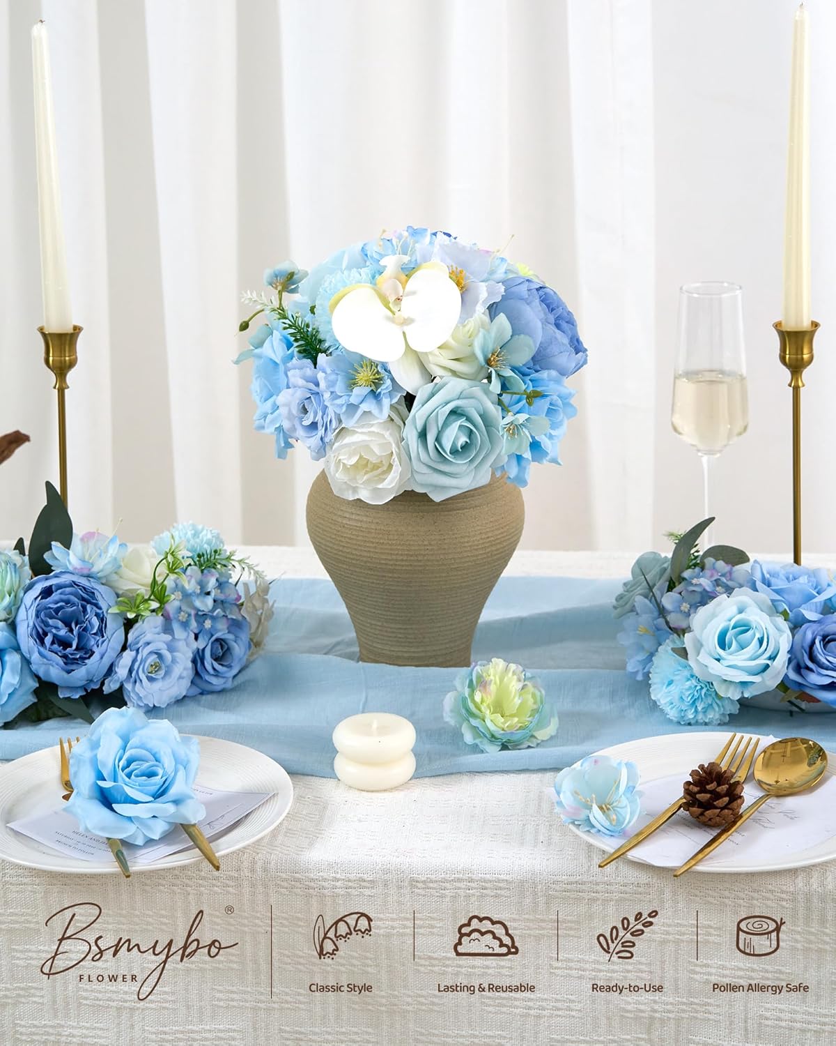 Artificial Flowers Combo Baby Blue Flowers Mix Roses Peonies Hydrangea Orchids Poppy Daisy with Floral Stems for Wedding Bridal Bouquets Baby Shower Floral Arrangement Table Centerpieces Home Decor