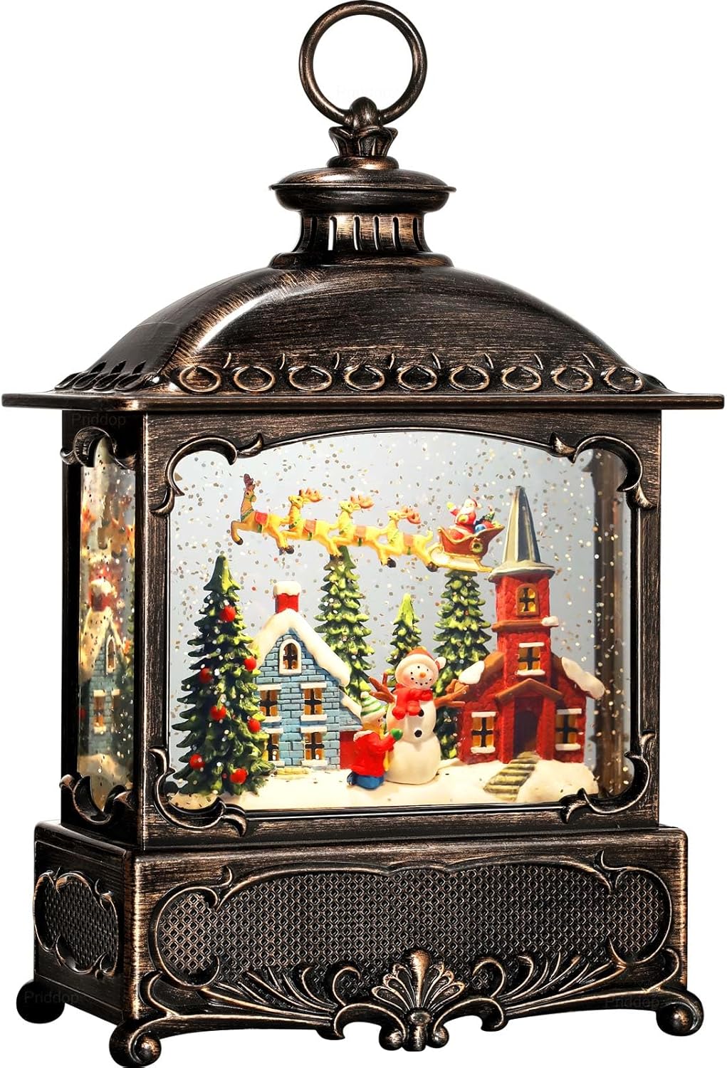 christmas snow globe lantern christmas decorations for home with timer & music, usb & battery powered - make snowman santa reindeer sled church house christmas tree - 12 inch (christmas)