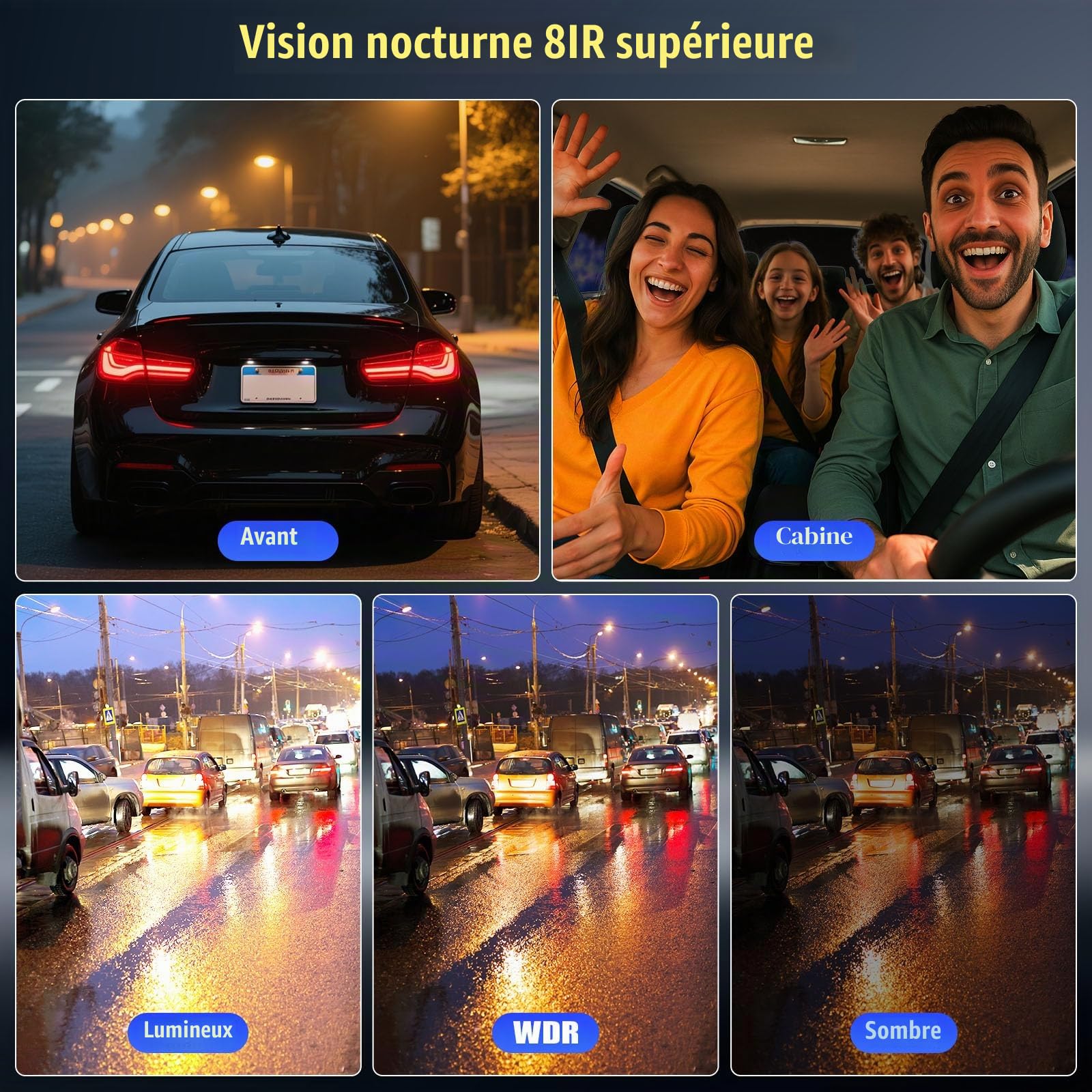 360° Dashcam Voiture Avant Arrière 4 Canaux Camera Embarquée Contrôle de APP, Voiture Vision Nocturne, Vidéo en Boucle, G-Sensor, Aide au StationnementIncluse