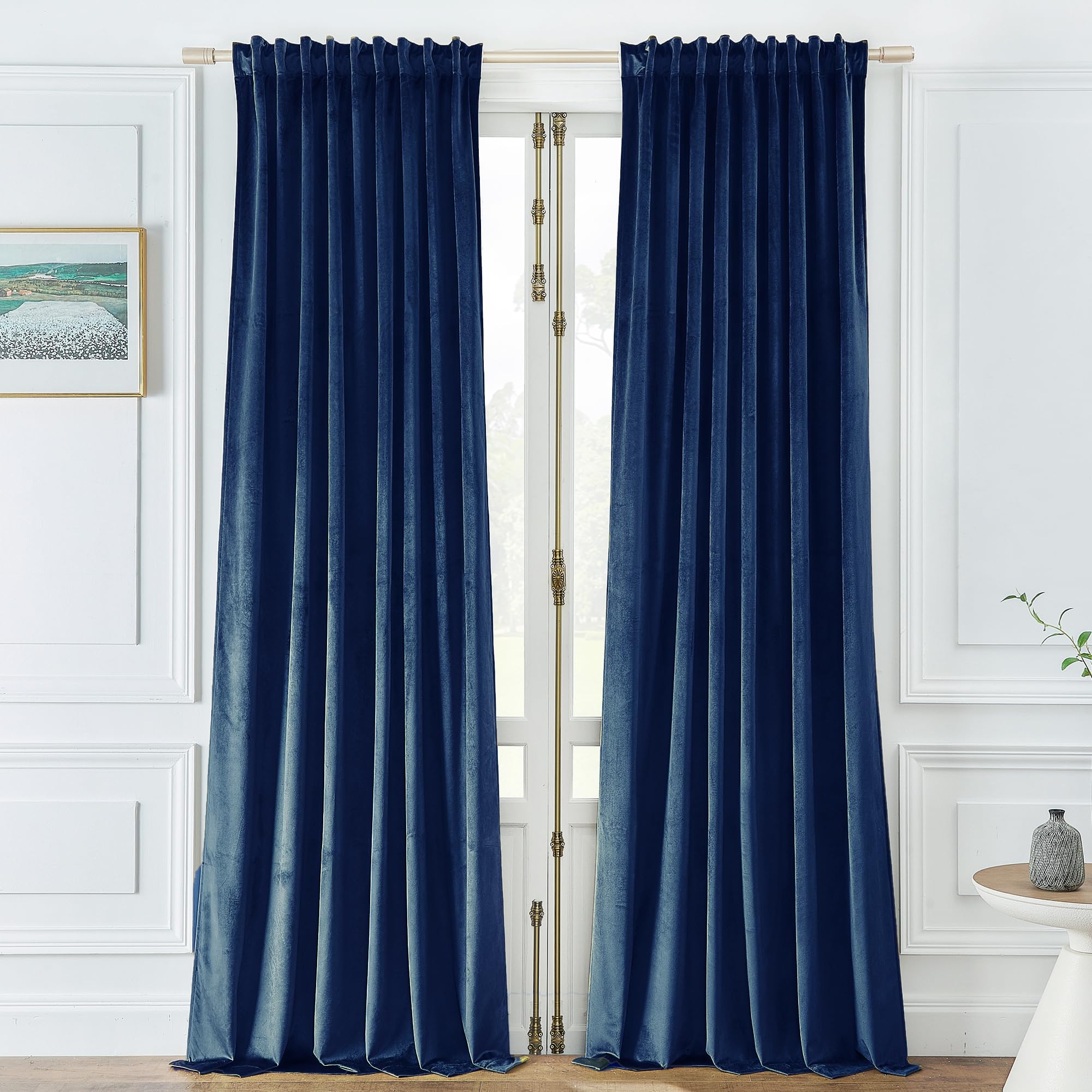 Timeper Blue Velvet Blackout Curtains - Luxury Decor Room Darkening Navy Blue Velvet Curtains 72 inches Length for Foyer, Dorm, Bedroom, Navy Blue, W52 x L72, 2 Panels, Back Tab Design