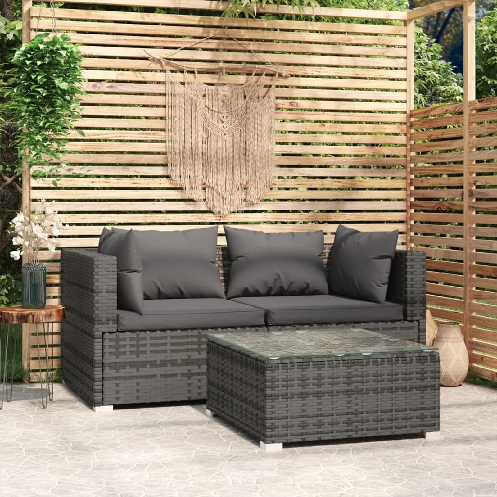3pz Divano da Esterno, Salotto da Giardino, Divano Rattan, Divani da Giardino, Set Divano Giardino per Esterno, con Cuscini in Polyrattan Grigio