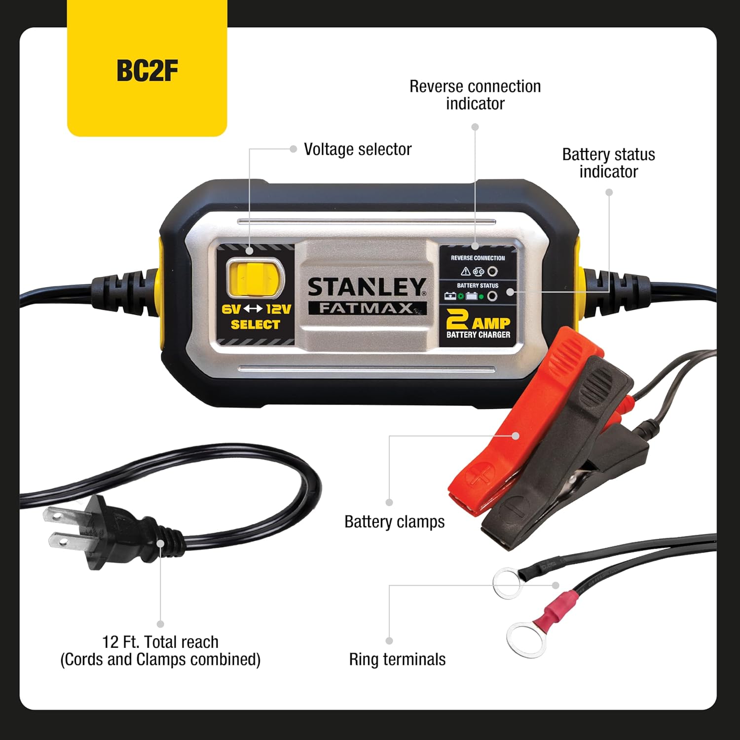 STANLEY FatMax BC2F Battery Charger and Maintainer: 2 Amp, Dual Voltage (6 and 12), Wet Gel AGM