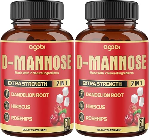 2 paquetes de 60 unidades de 4 meses – Cápsulas de D-manosa – Salud natural del tracto urinario y apoyo inmunológico – 7 en 1 con arándano, diente