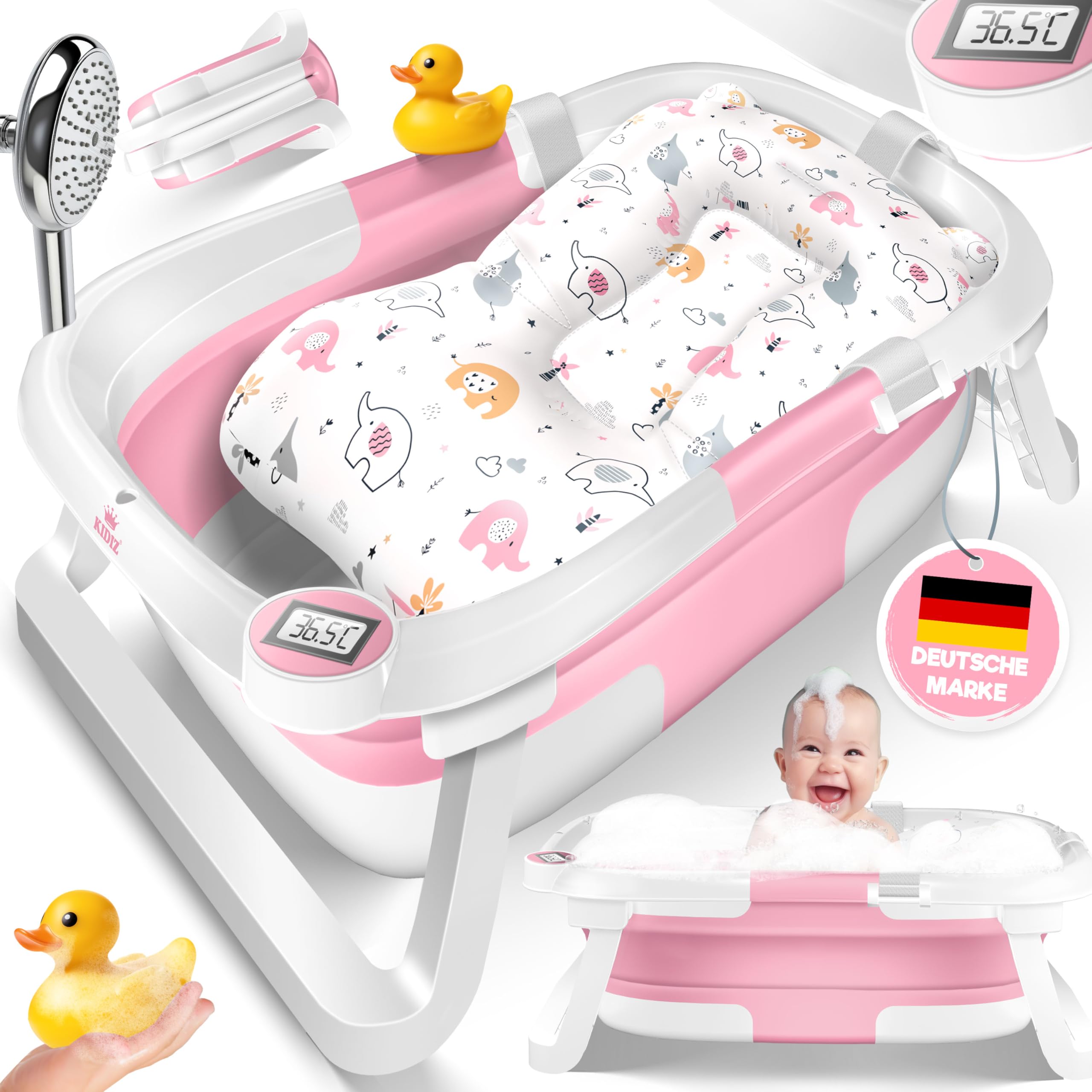 KIDIZ® Baby Badewanne | Babywanne platzsparend & faltbar | Badebecken Duschwanne für Neugeborene Kleinkinder 0-24 Monate | Reisedusche tragbar für Babys | Bathtub ergonomisch mit Thermostat & Kissen