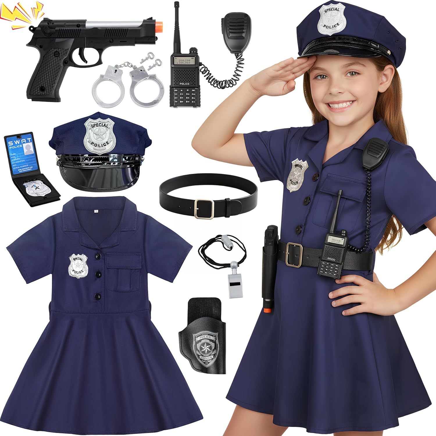 Doxrmuru Police Costume for Girls Police Outfit with Toy Gun,Cop Accessories