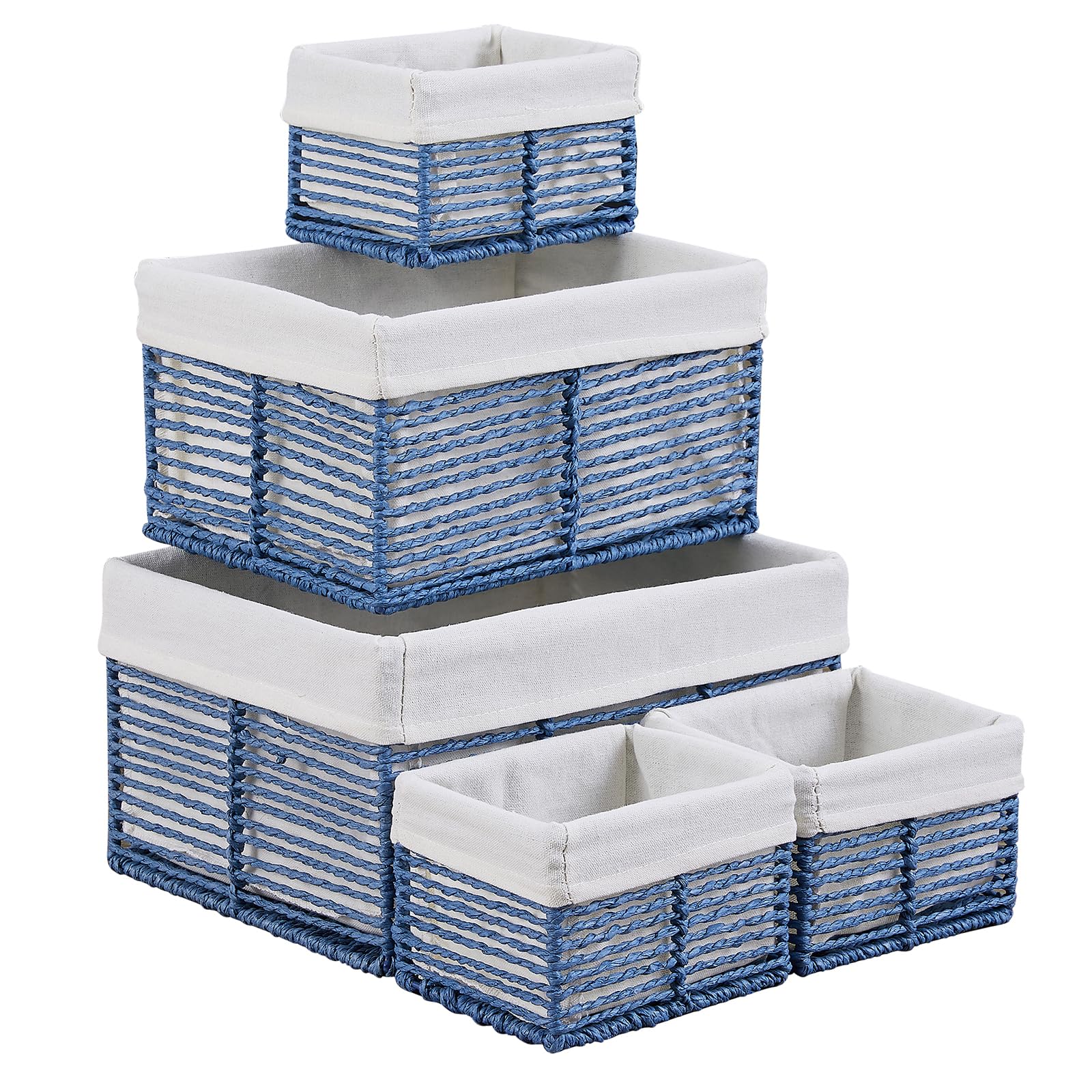 Vagusicc Wicker Storage Basket, Set of 5 Hand-Woven Display Hamper Basket, Nesting Natural Wicker Organizer Baskets, Storage Boxes Bin, Small Wicke Baskets for Shelves Closet, (Blue, L+M+S)
