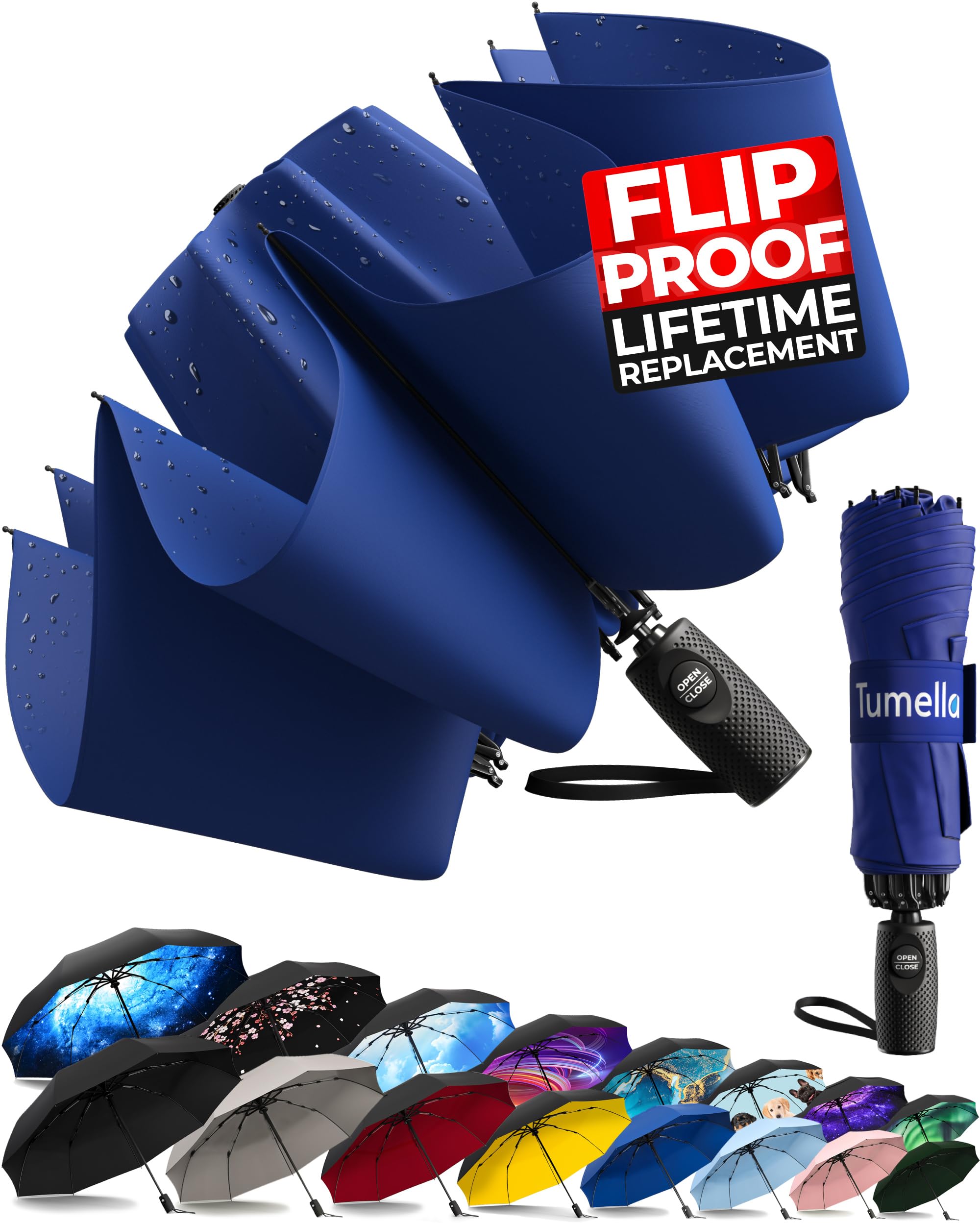 TUMELLA Inverted Windproof Umbrella, Large, Strong, Light, Portable, Automatic Reverse Folding Rain Umbrella, Durable Premium Grip, Fits Car &