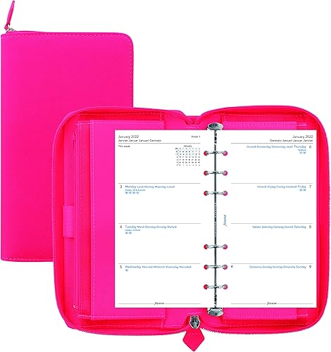 Filofax Saffiano Fluoro - Organizador con cremallera, tamaño compacto personal, color rosa fluoro grano cruzado, aspecto de cuero, seis anillos,