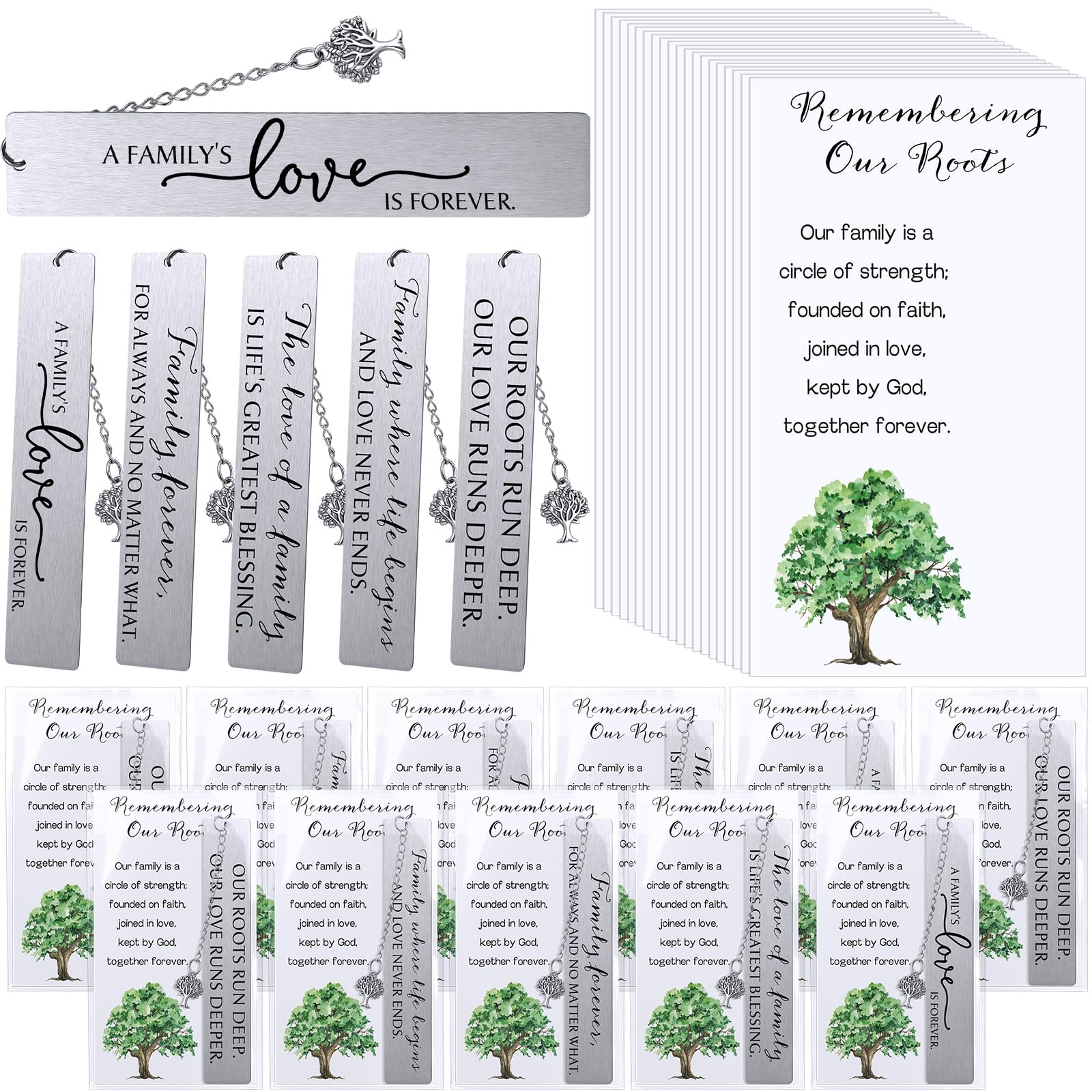Skyygemm 20 Set Family Reunion Party Favors 5 Style Metal Bookmark with Family Tree Pendent Family Reunion Bookmarks Remembering Our Roots Cards with